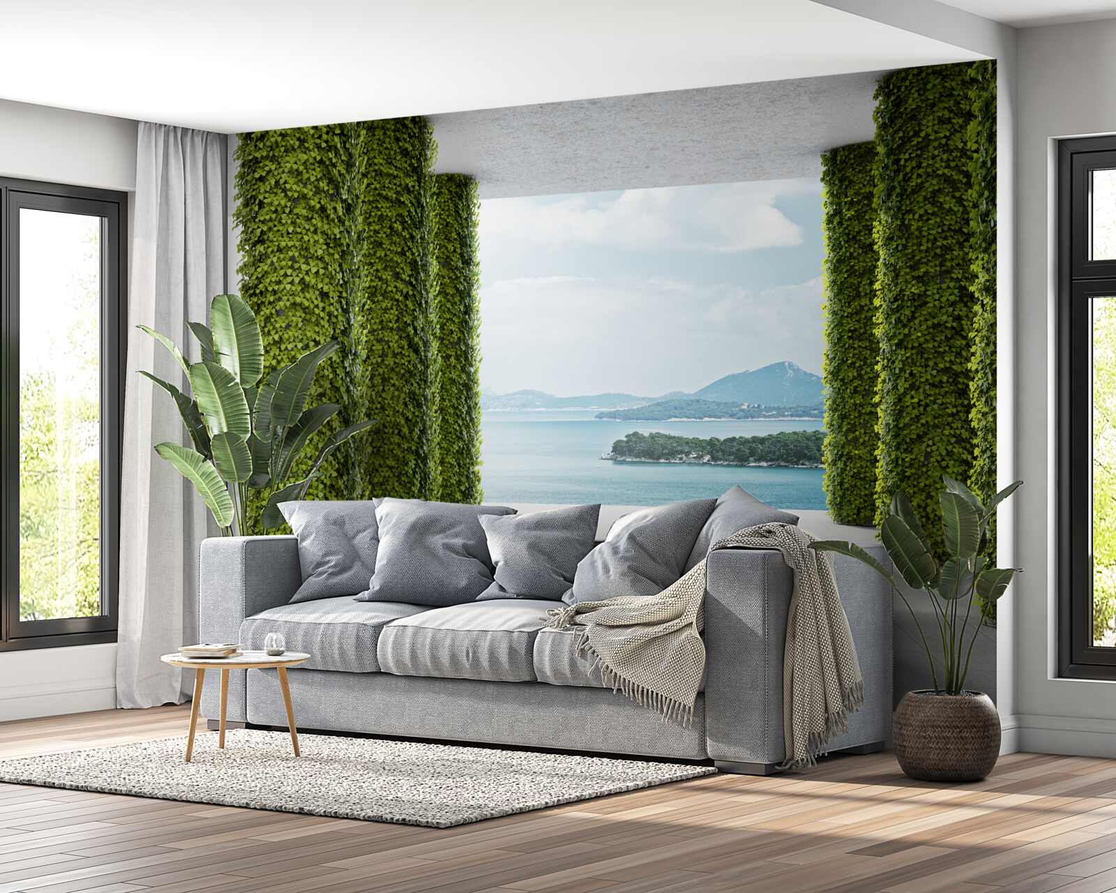 Фотошпалери колонада серед зелені, що веде до моря