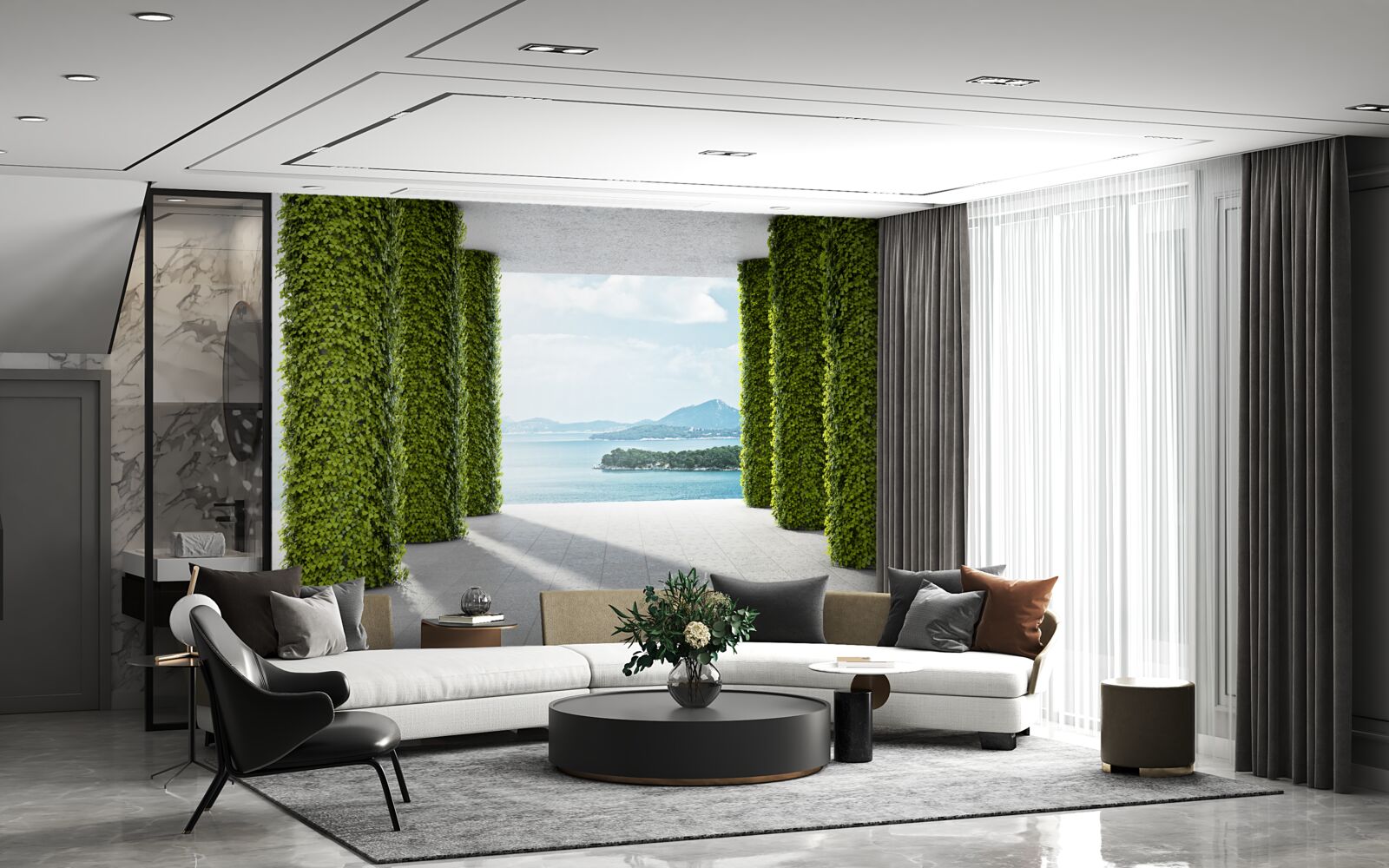 Фотошпалери колонада серед зелені, що веде до моря