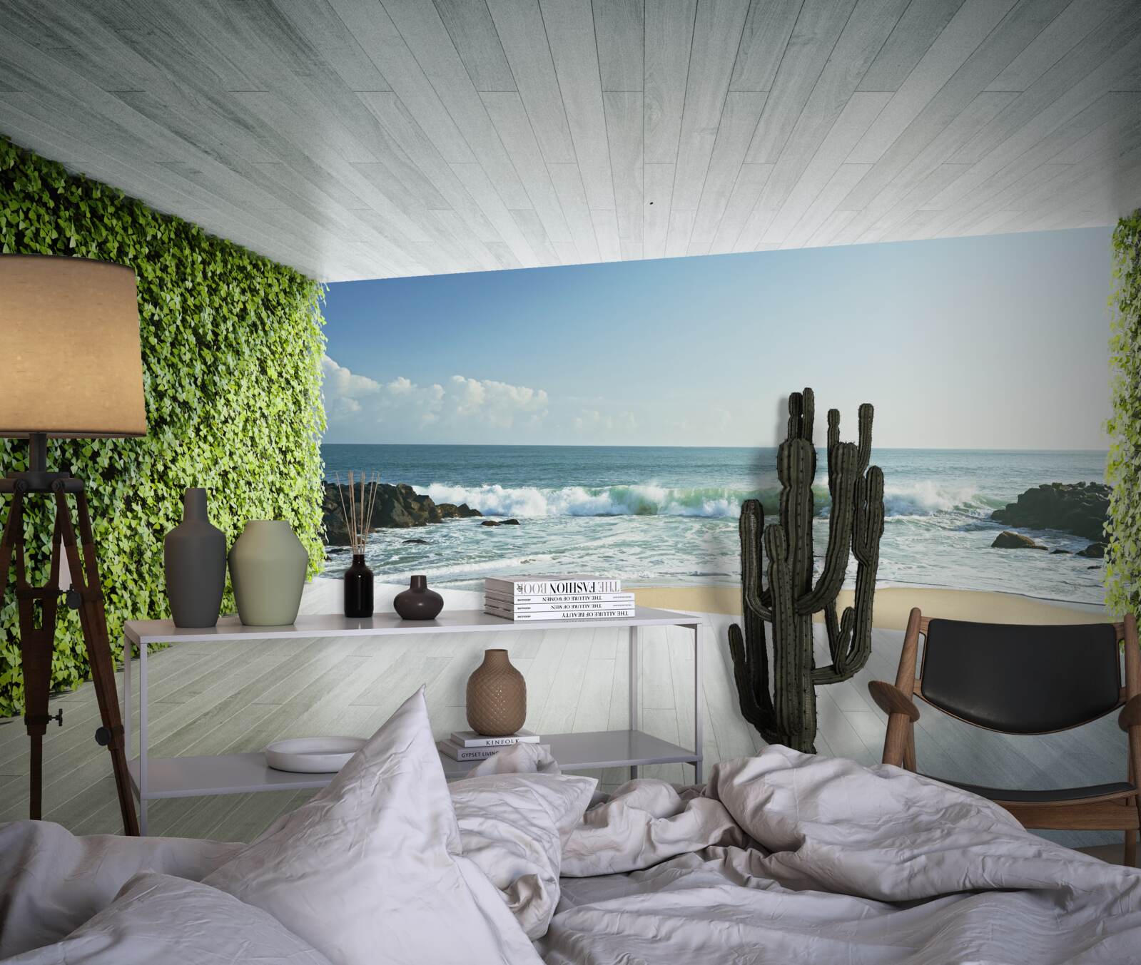 Фотошпалери елегантний балкон у зелених відтінках з видом на узбережжя