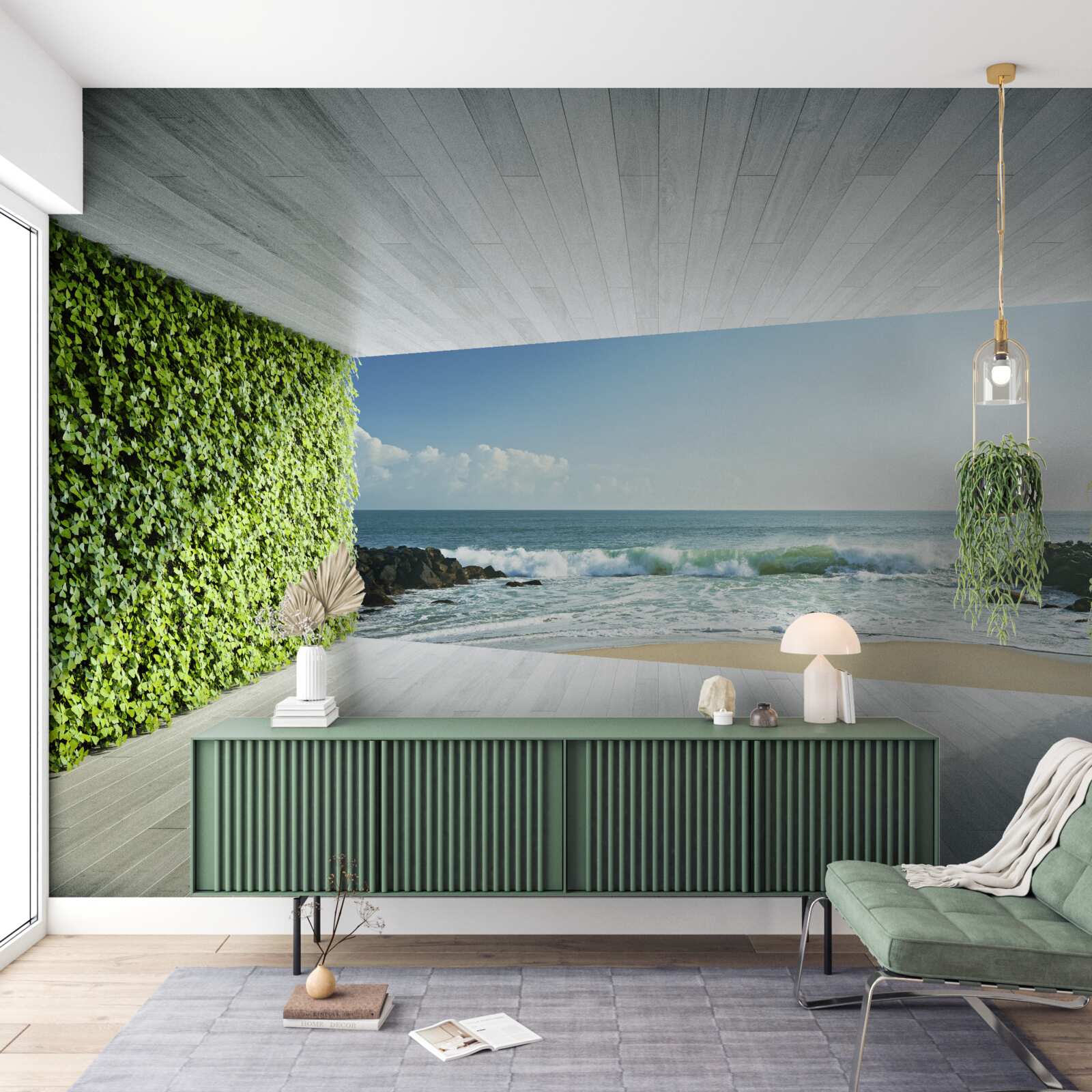 Фотошпалери елегантний балкон у зелених відтінках з видом на узбережжя