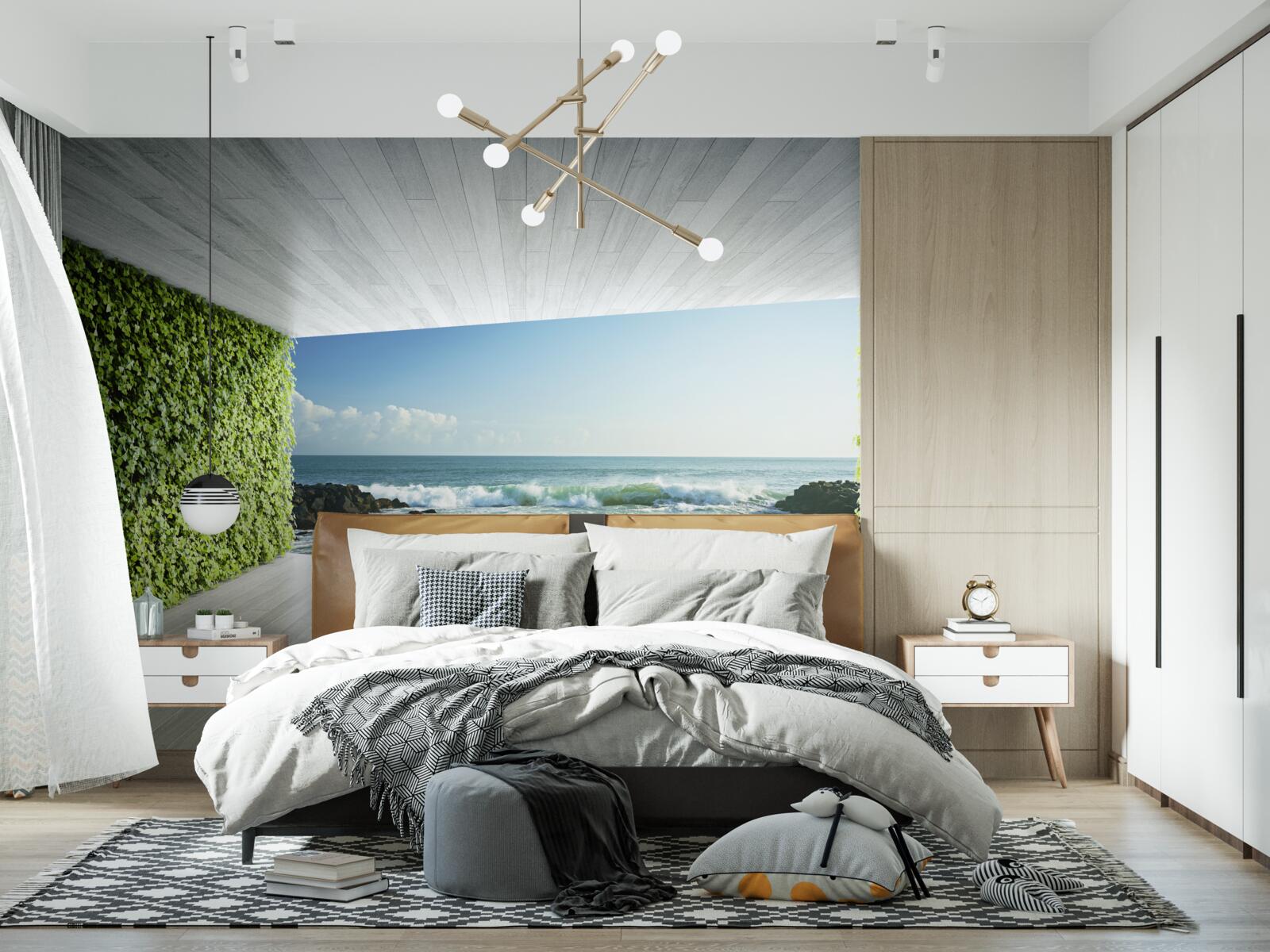 Фотошпалери елегантний балкон у зелених відтінках з видом на узбережжя