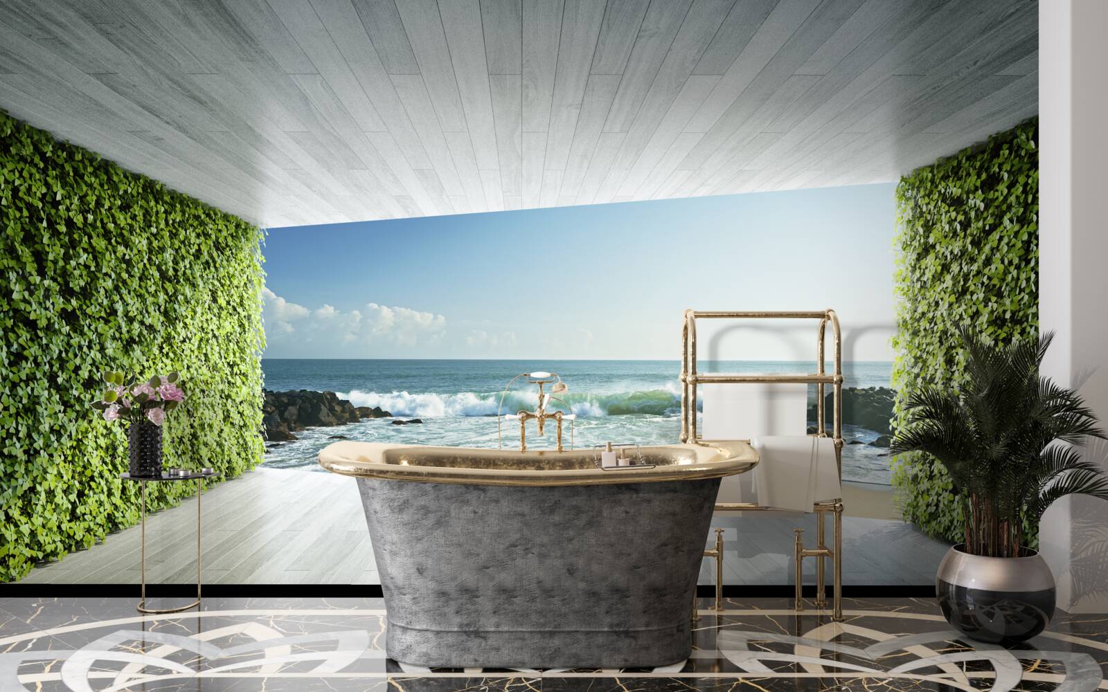 Фотошпалери елегантний балкон у зелених відтінках з видом на узбережжя