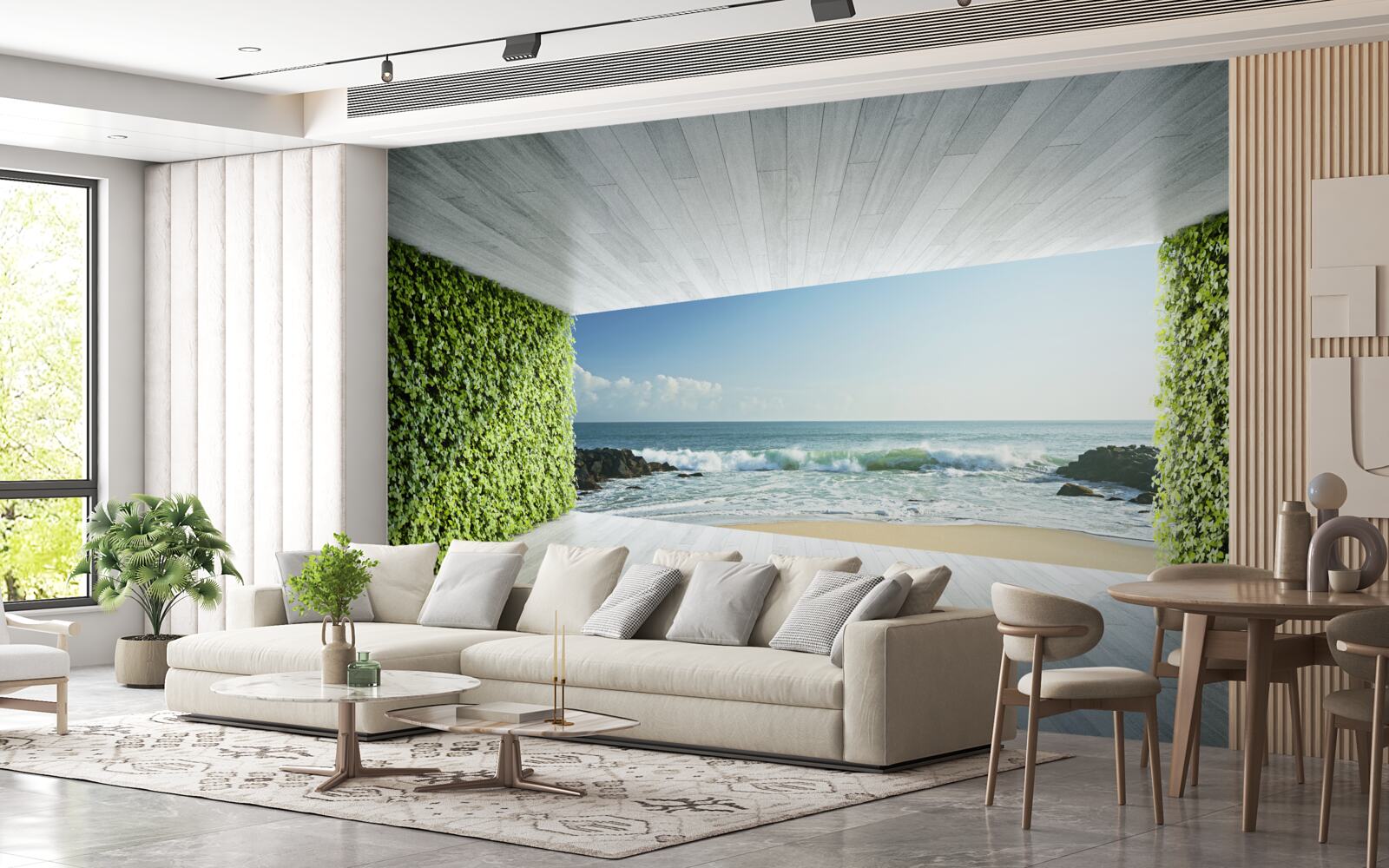 Фотошпалери елегантний балкон у зелених відтінках з видом на узбережжя