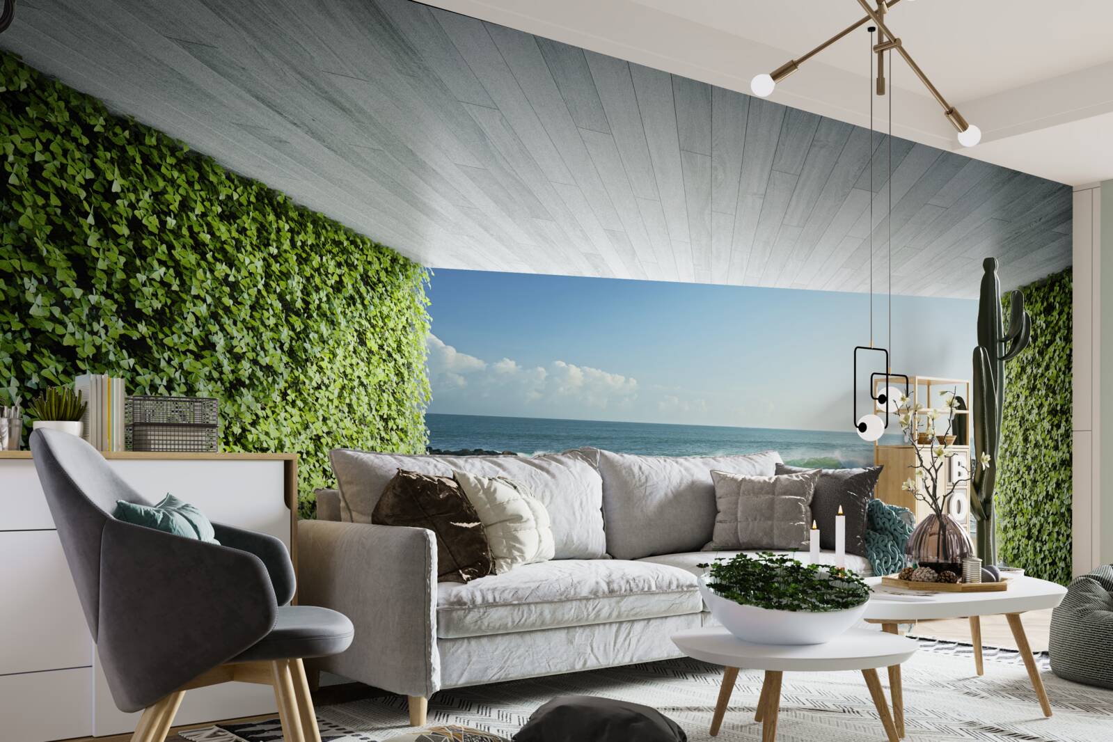 Фотошпалери елегантний балкон у зелених відтінках з видом на узбережжя