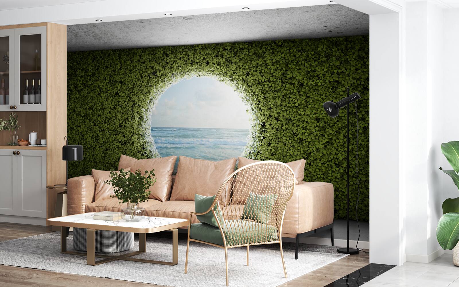 Фотошпалери Стіна із зелених рослин з круглим отвором