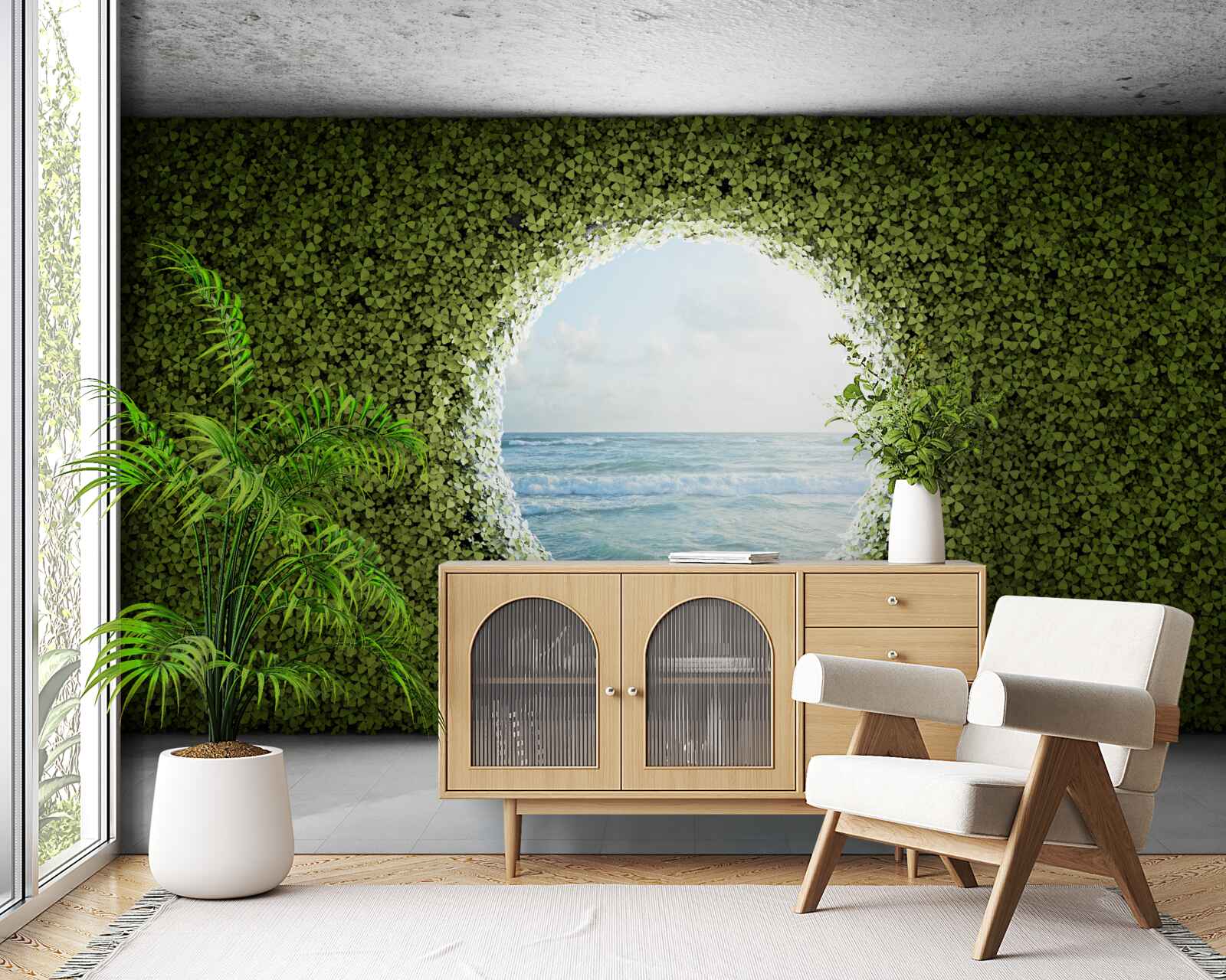 Фотошпалери Стіна із зелених рослин з круглим отвором