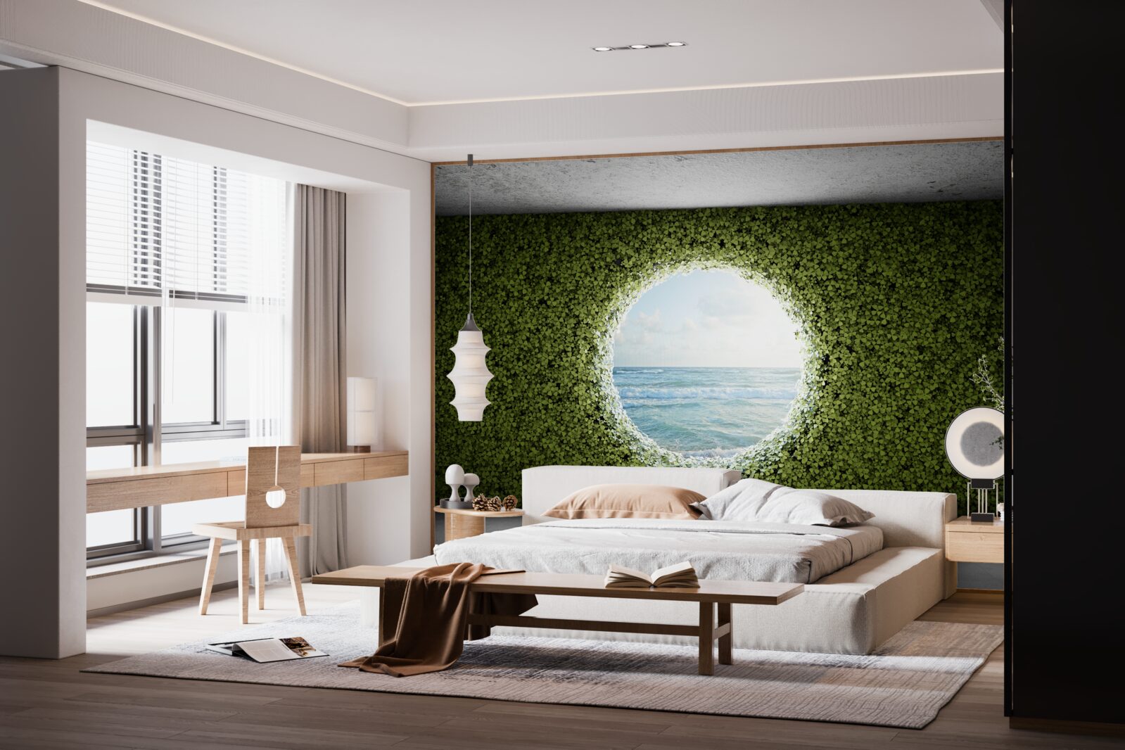 Фотошпалери Стіна із зелених рослин з круглим отвором