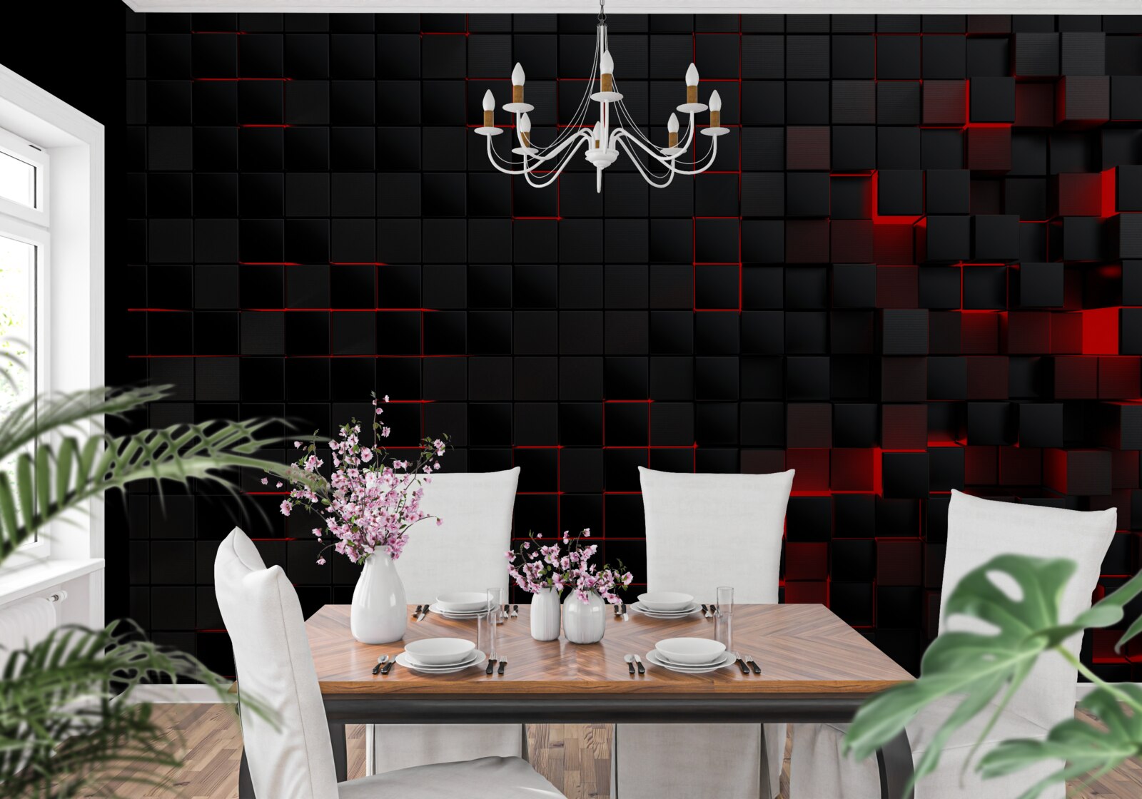 Фотошпалери чорна фактурна стіна, підсвічена червоним світлом і прикрашена квадратами