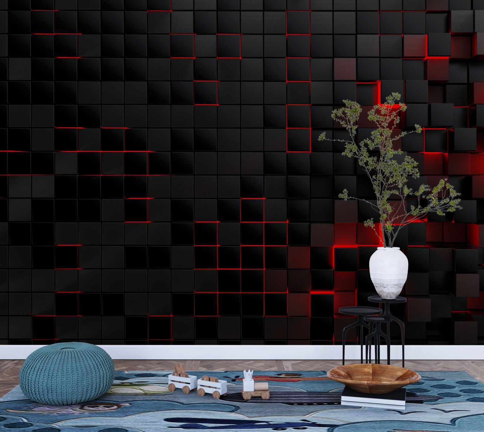 Фотошпалери чорна фактурна стіна, підсвічена червоним світлом і прикрашена квадратами