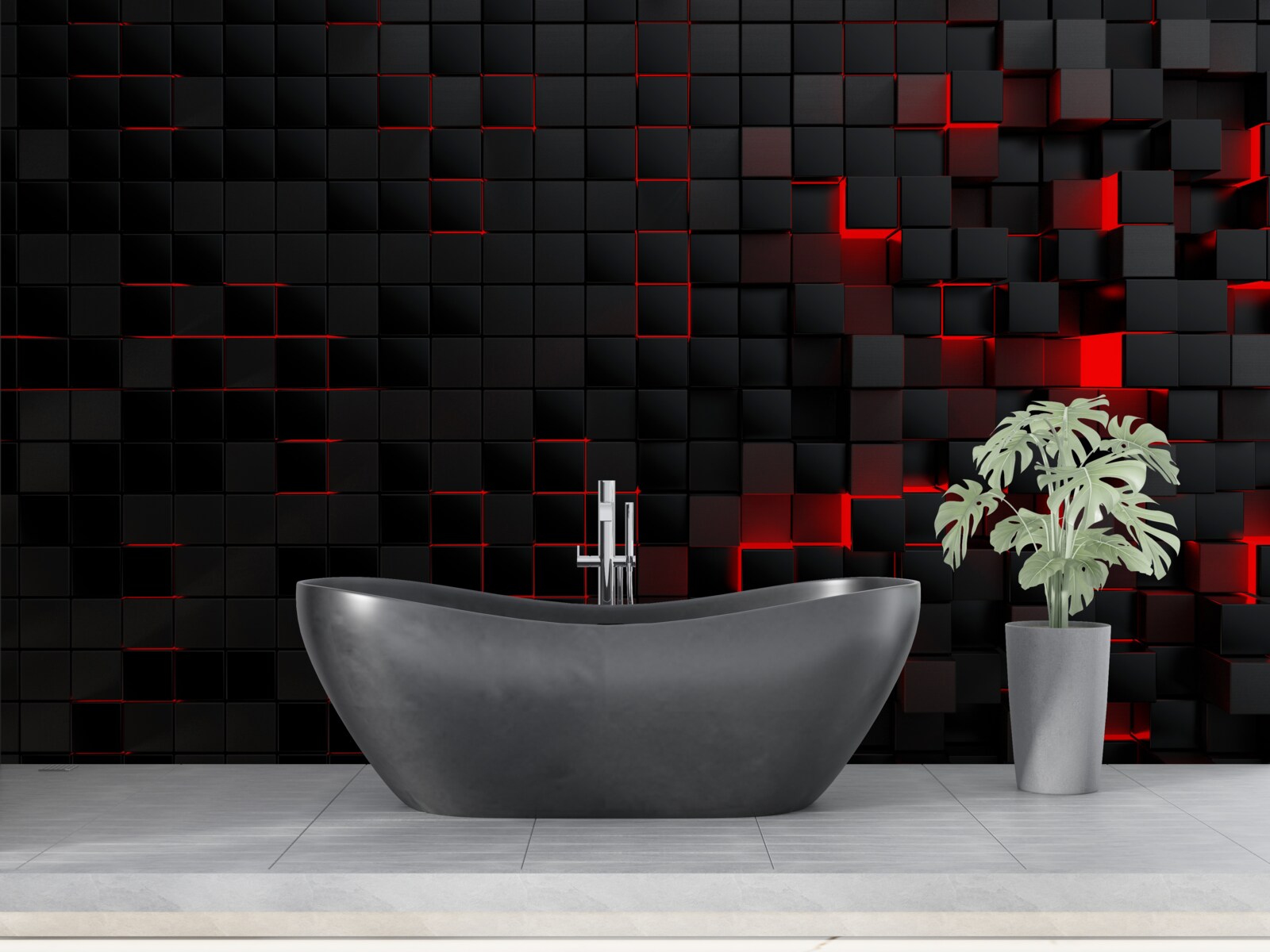 Фотошпалери чорна фактурна стіна, підсвічена червоним світлом і прикрашена квадратами