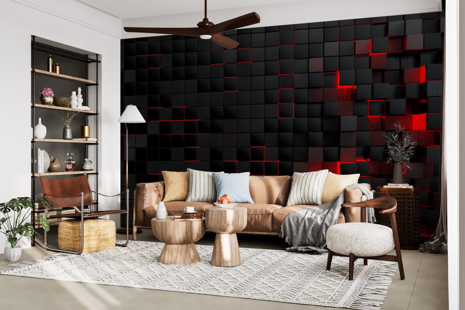 Фотошпалери чорна фактурна стіна, підсвічена червоним світлом і прикрашена квадратами