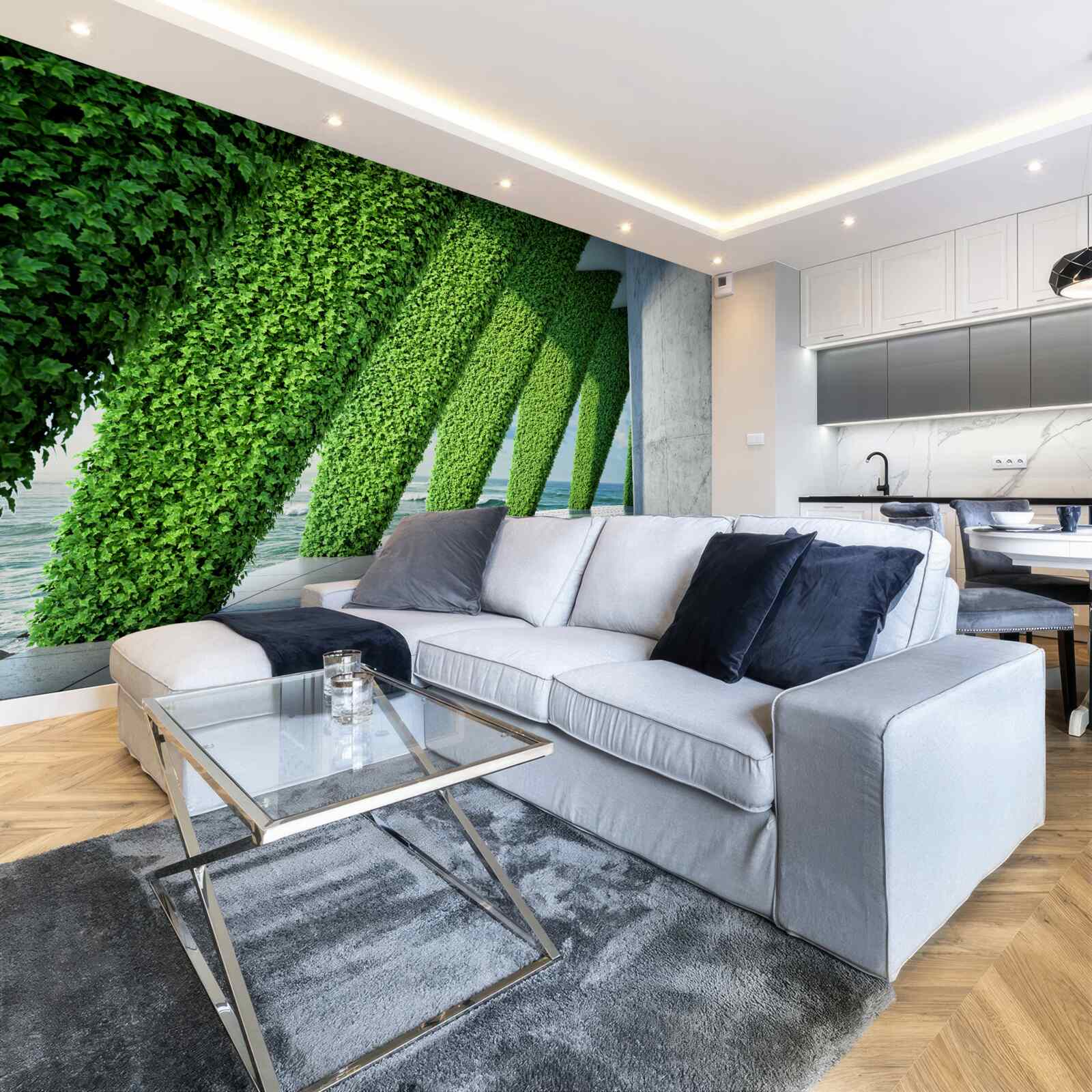 Фотошпалери на стовпах у коридорі є зелені рослини