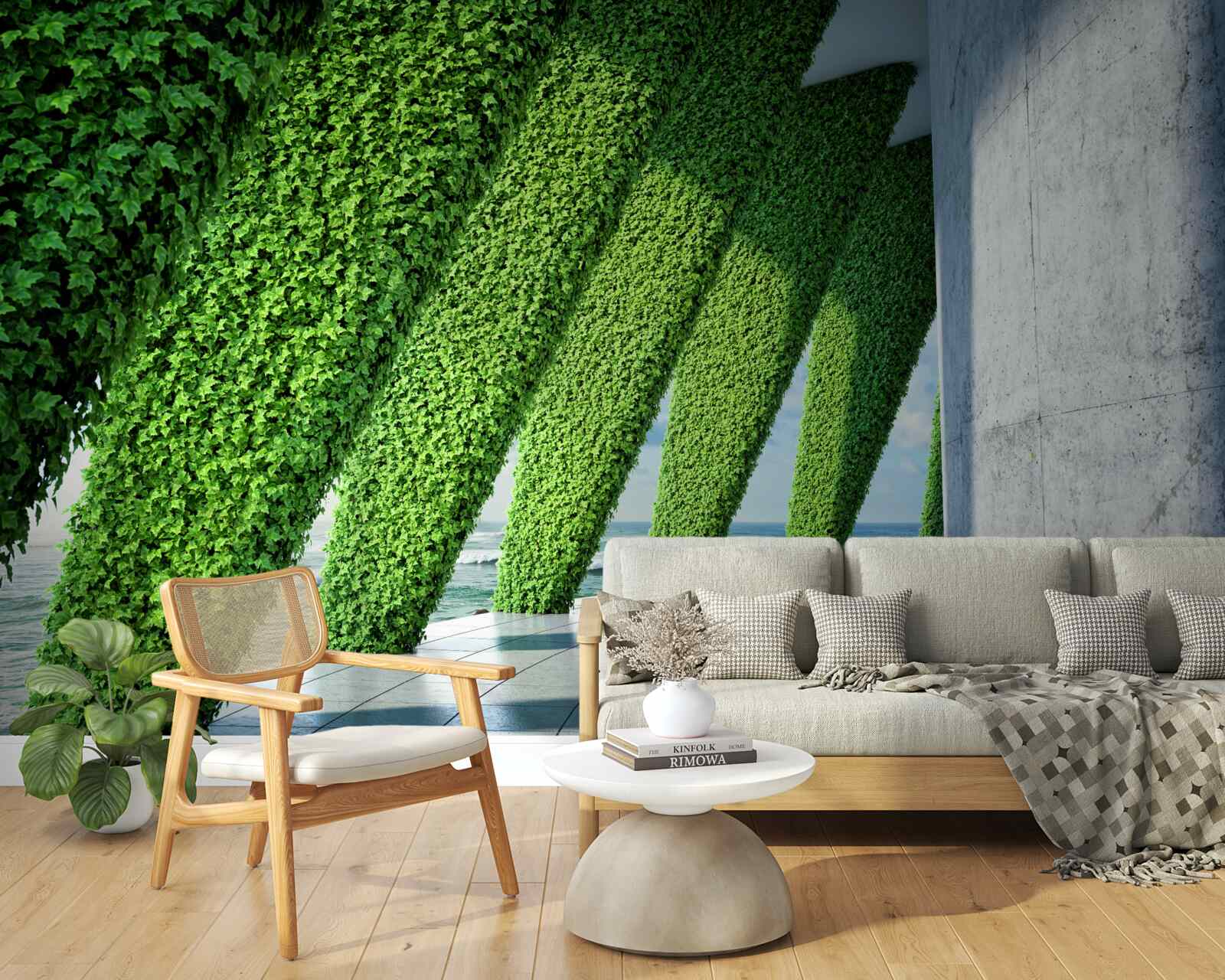 Фотошпалери на стовпах у коридорі є зелені рослини