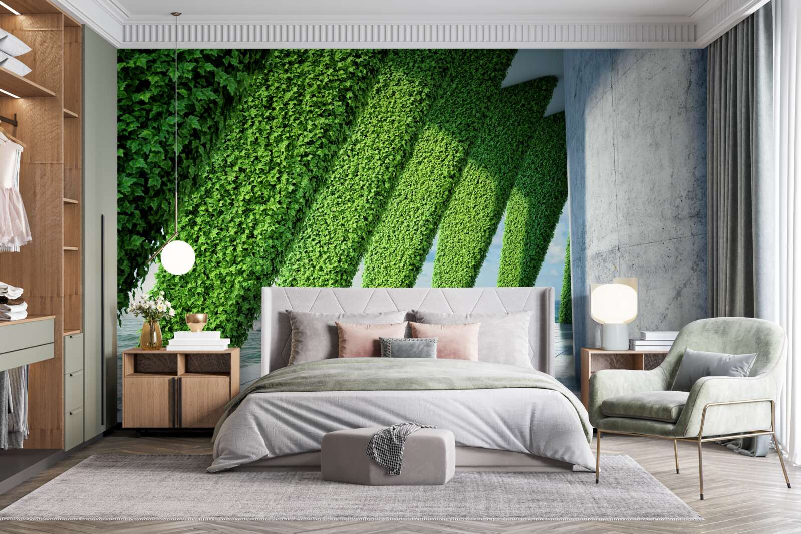 Фотошпалери на стовпах у коридорі є зелені рослини