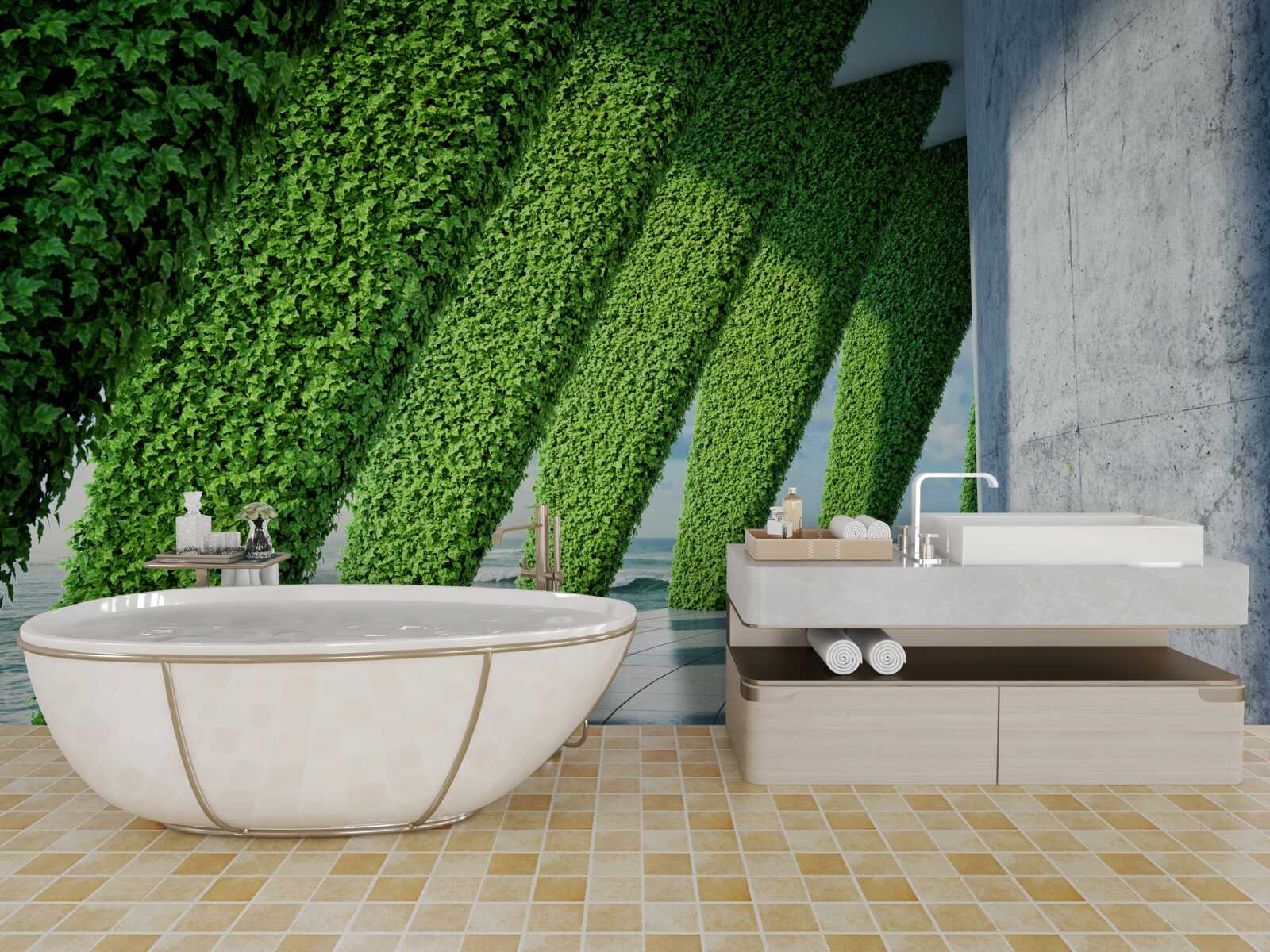 Фотошпалери на стовпах у коридорі є зелені рослини