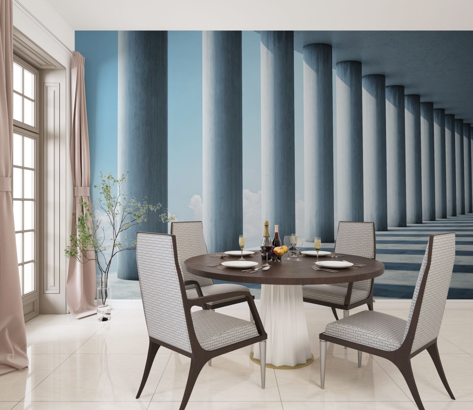 Фотошпалери колонада, що тягнеться до нескінченності на тлі неба