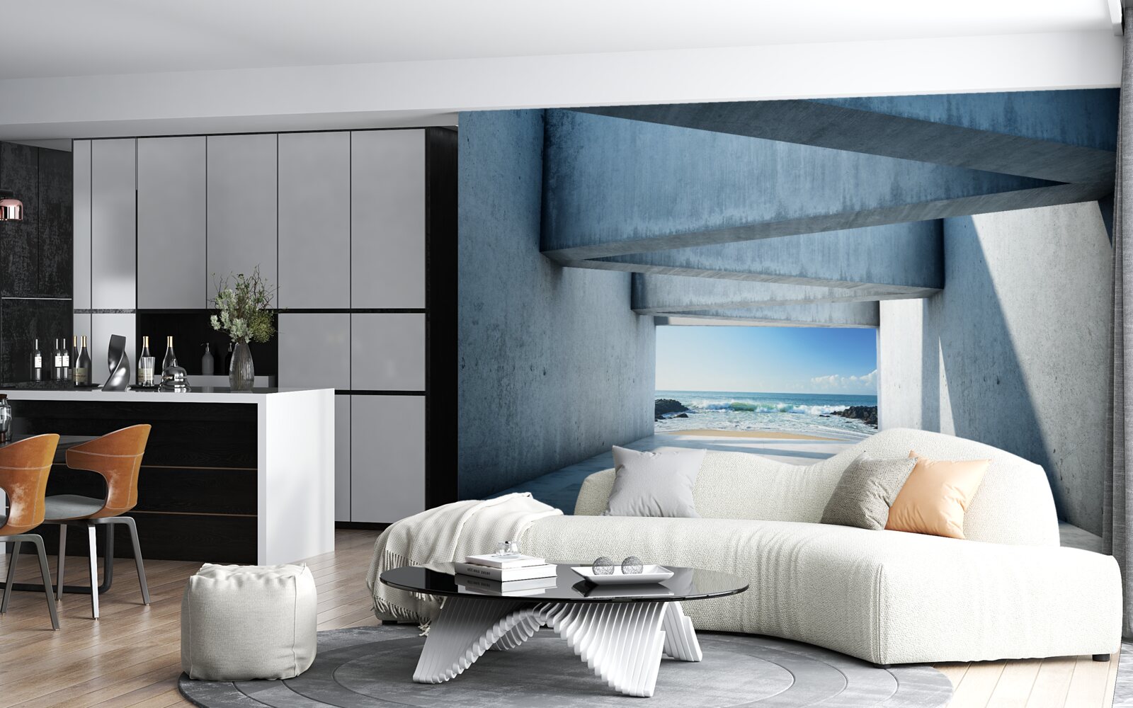 Фотошпалери підлоговий тунель, сформований з бетонних колон