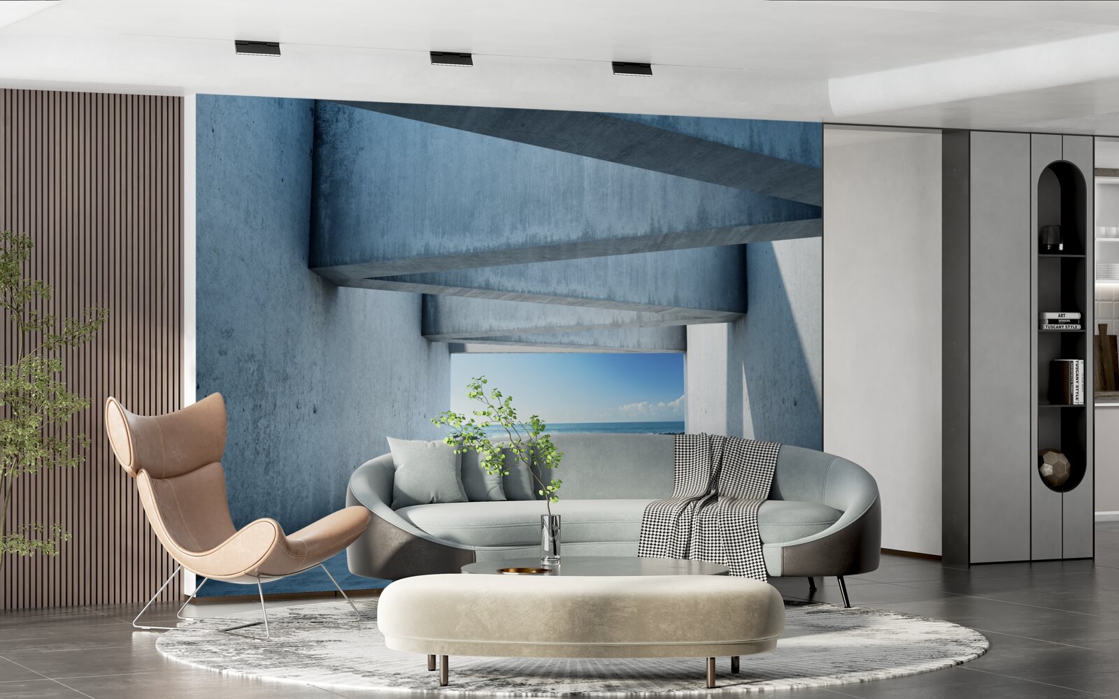 Фотошпалери підлоговий тунель, сформований з бетонних колон