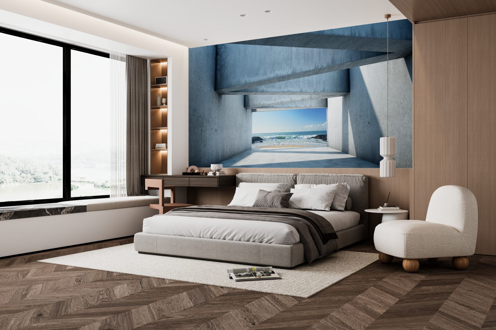 Фотошпалери підлоговий тунель, сформований з бетонних колон