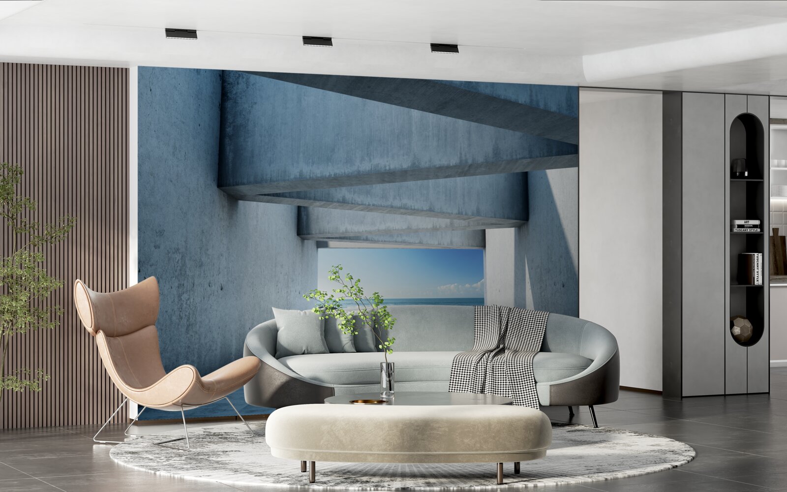 Фотошпалери підлоговий тунель, сформований з бетонних колон