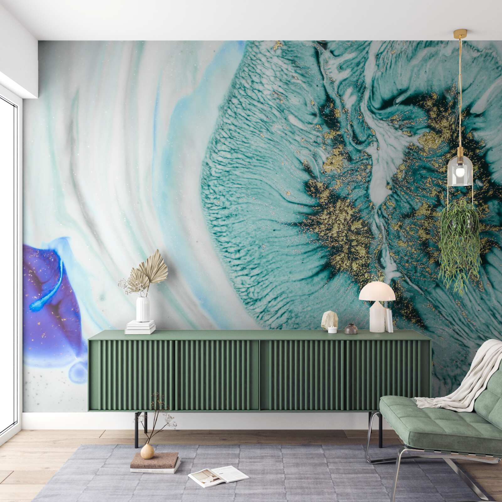 Фотошпалери абстрактна квітка у відтінках синього на мармуровій поверхні