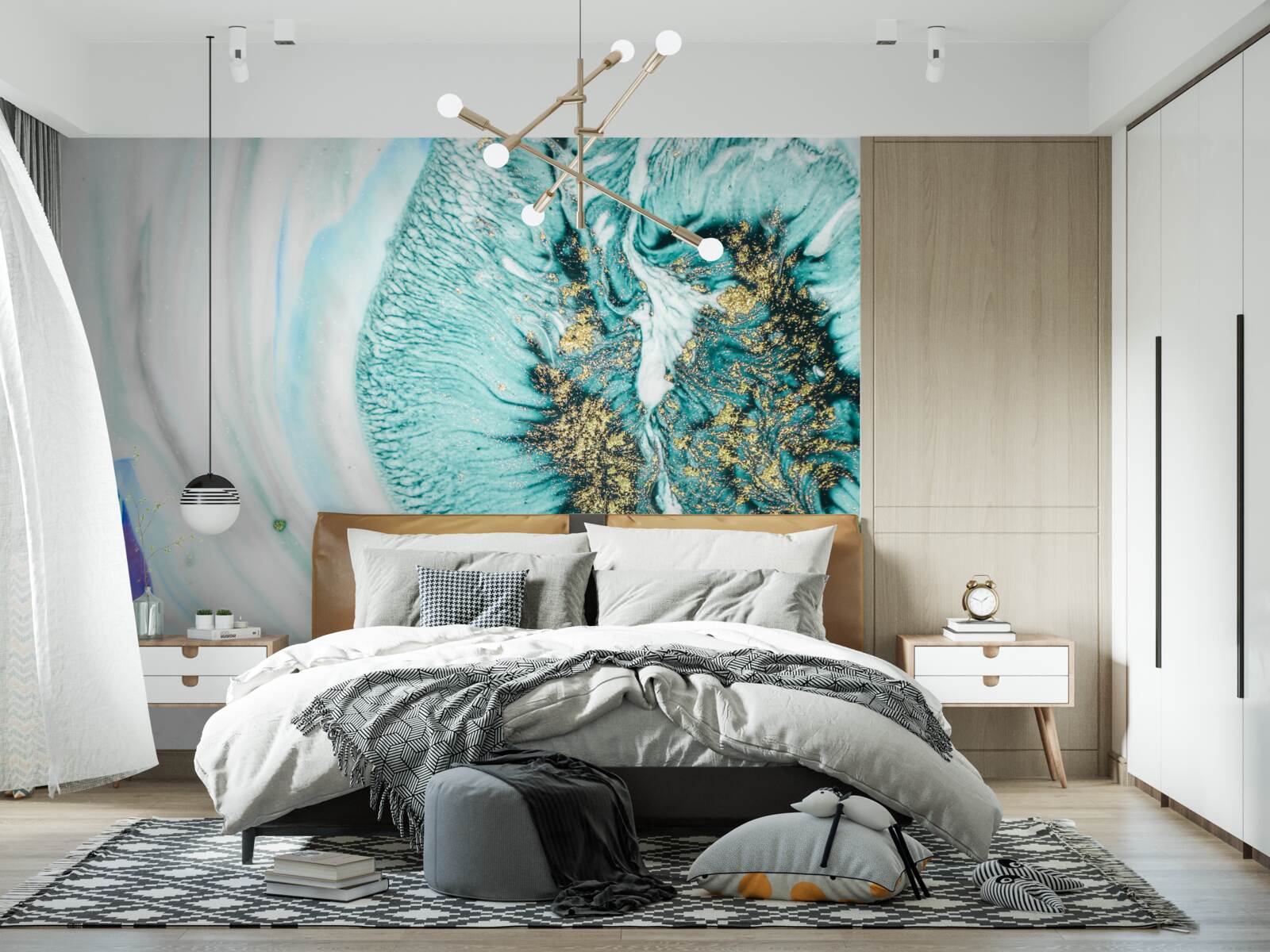 Фотошпалери абстрактна квітка у відтінках синього на мармуровій поверхні