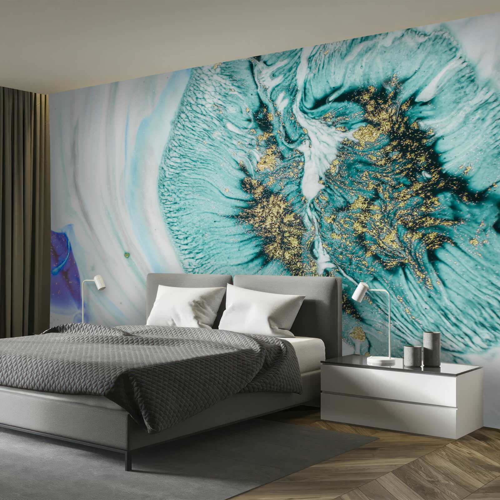 Фотошпалери абстрактна квітка у відтінках синього на мармуровій поверхні