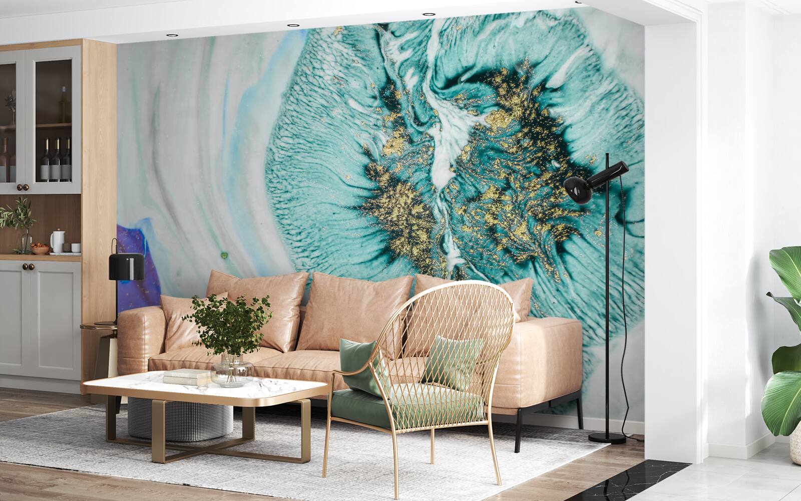 Фотошпалери абстрактна квітка у відтінках синього на мармуровій поверхні