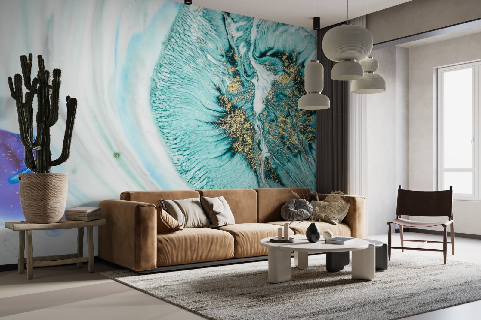 Фотошпалери абстрактна квітка у відтінках синього на мармуровій поверхні