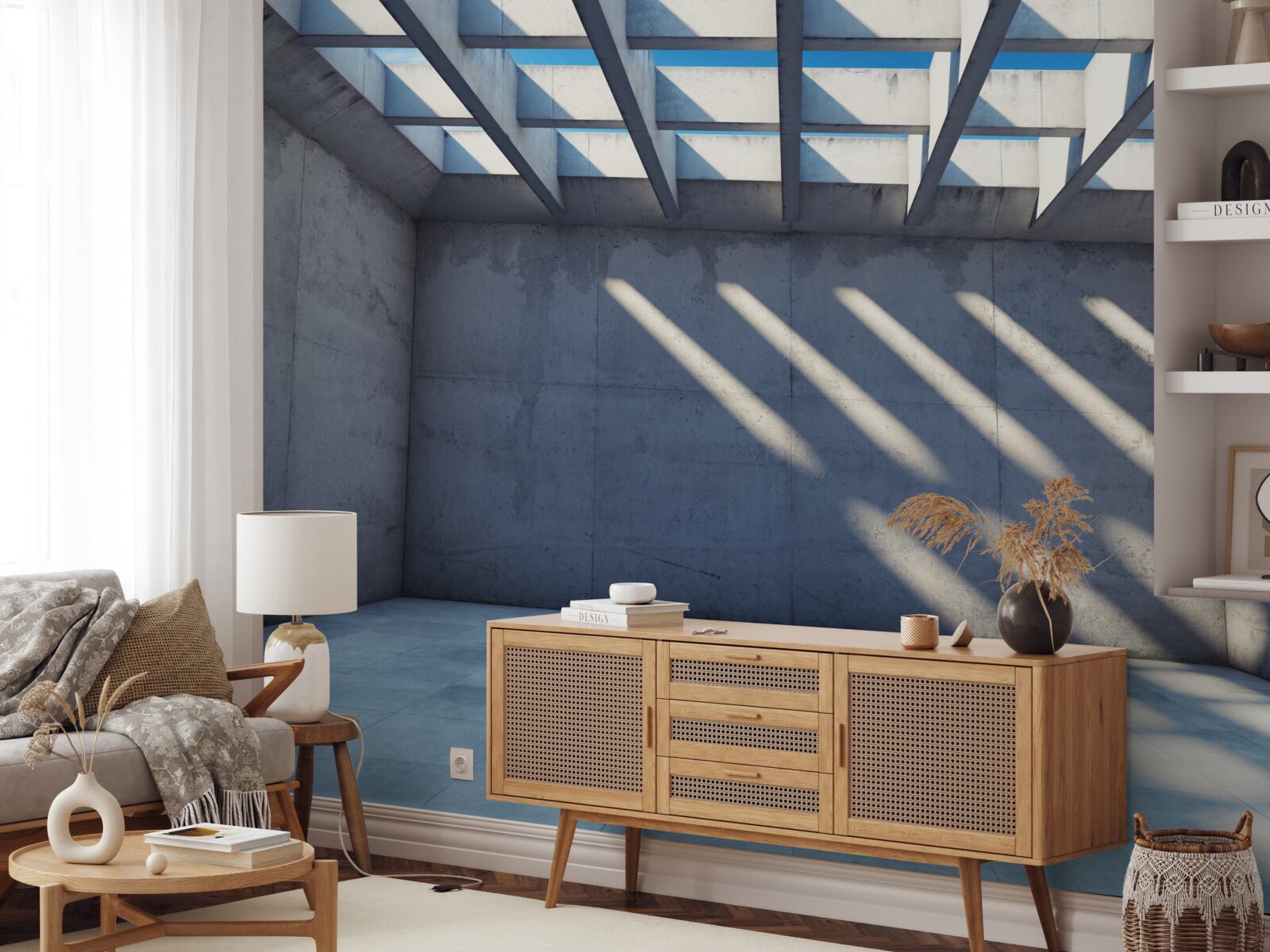 Фотошпалери сітчаста стеля з квадратним візерунком і прозорістю