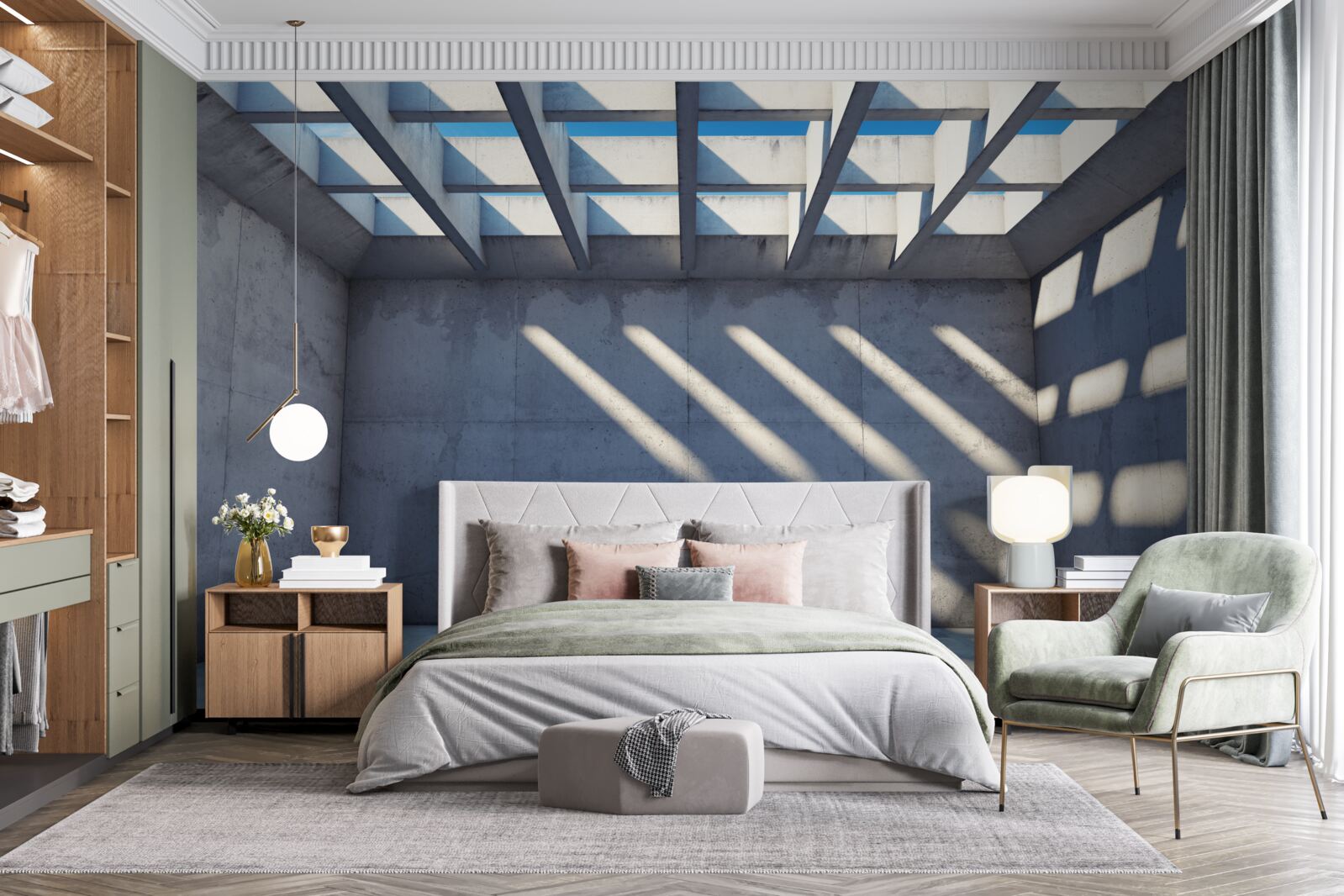 Фотошпалери сітчаста стеля з квадратним візерунком і прозорістю