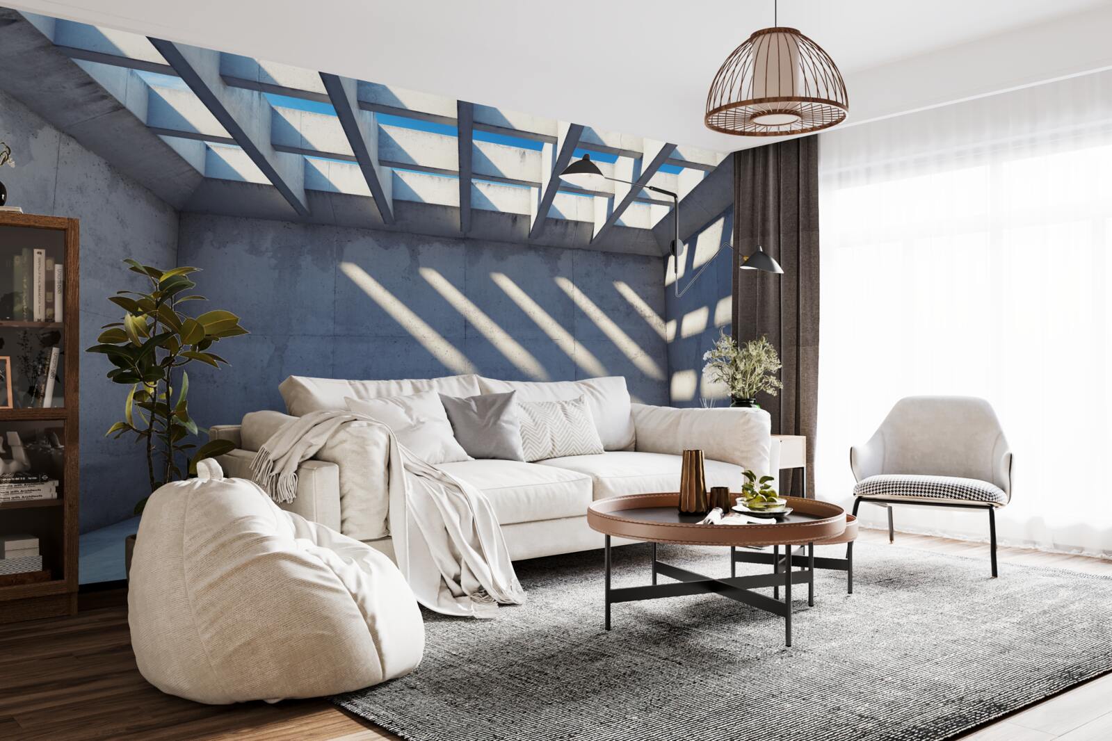 Фотошпалери сітчаста стеля з квадратним візерунком і прозорістю