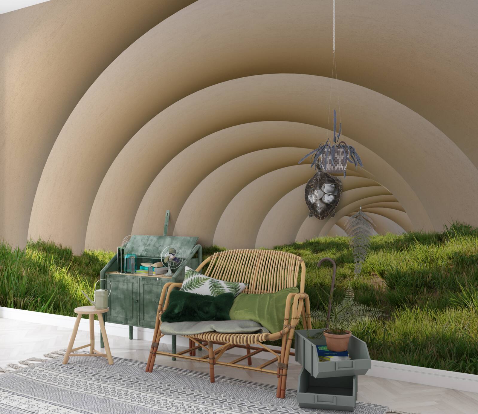 Фотошпалери зелена трава під вигнутими лініями широких арок