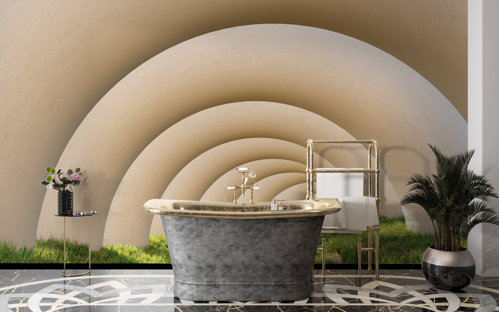 Фотошпалери зелена трава під вигнутими лініями широких арок