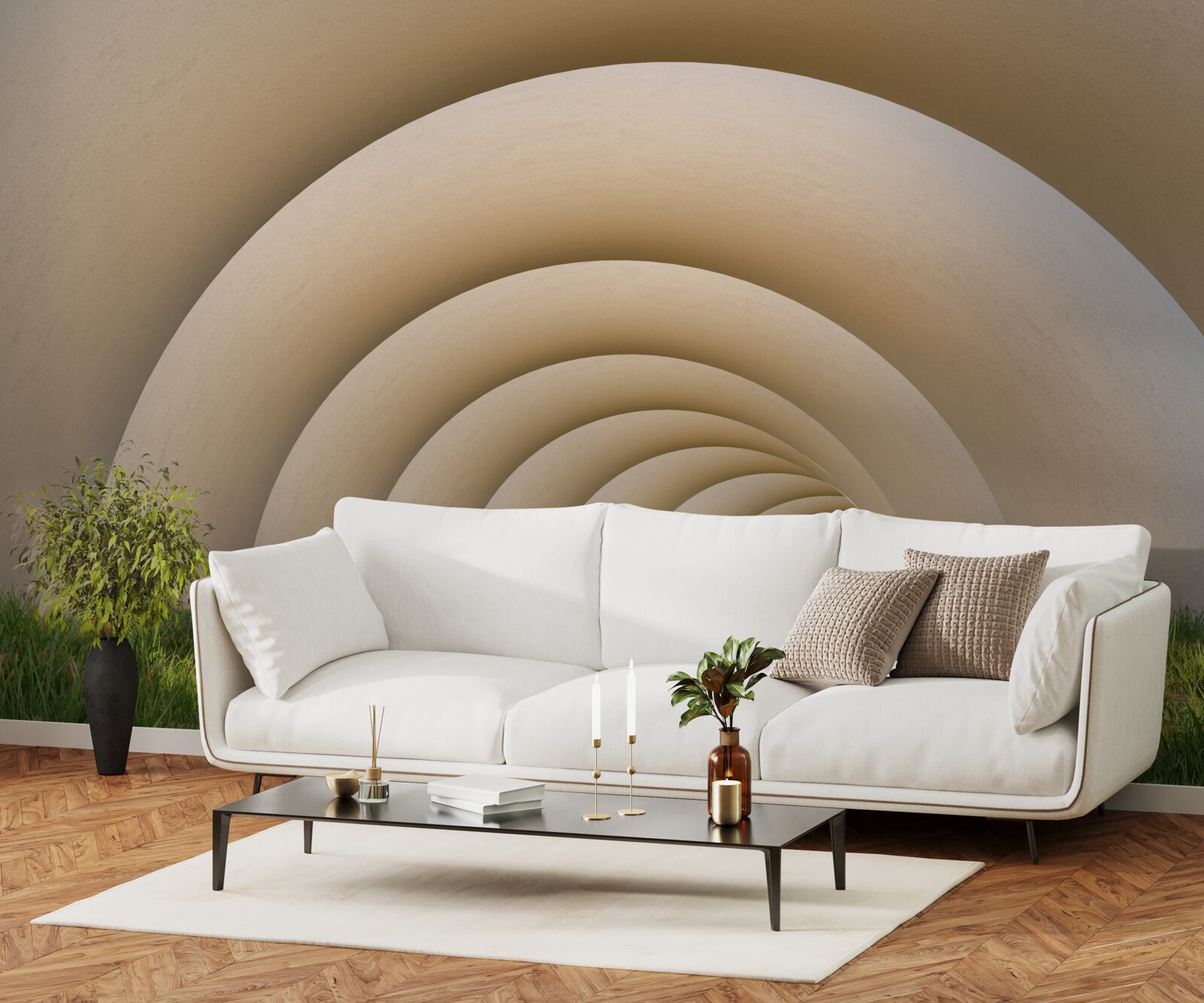 Фотошпалери зелена трава під вигнутими лініями широких арок