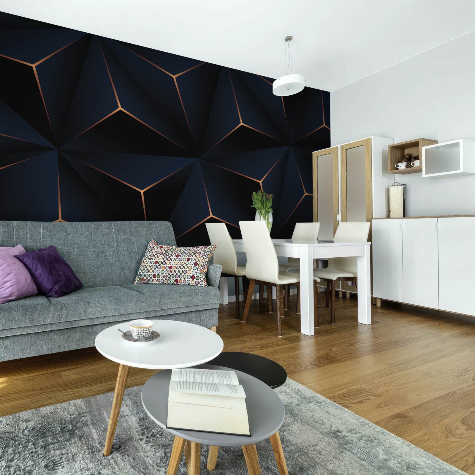 Фотошпалери об'ємні чорні піраміди з золотистими гранями