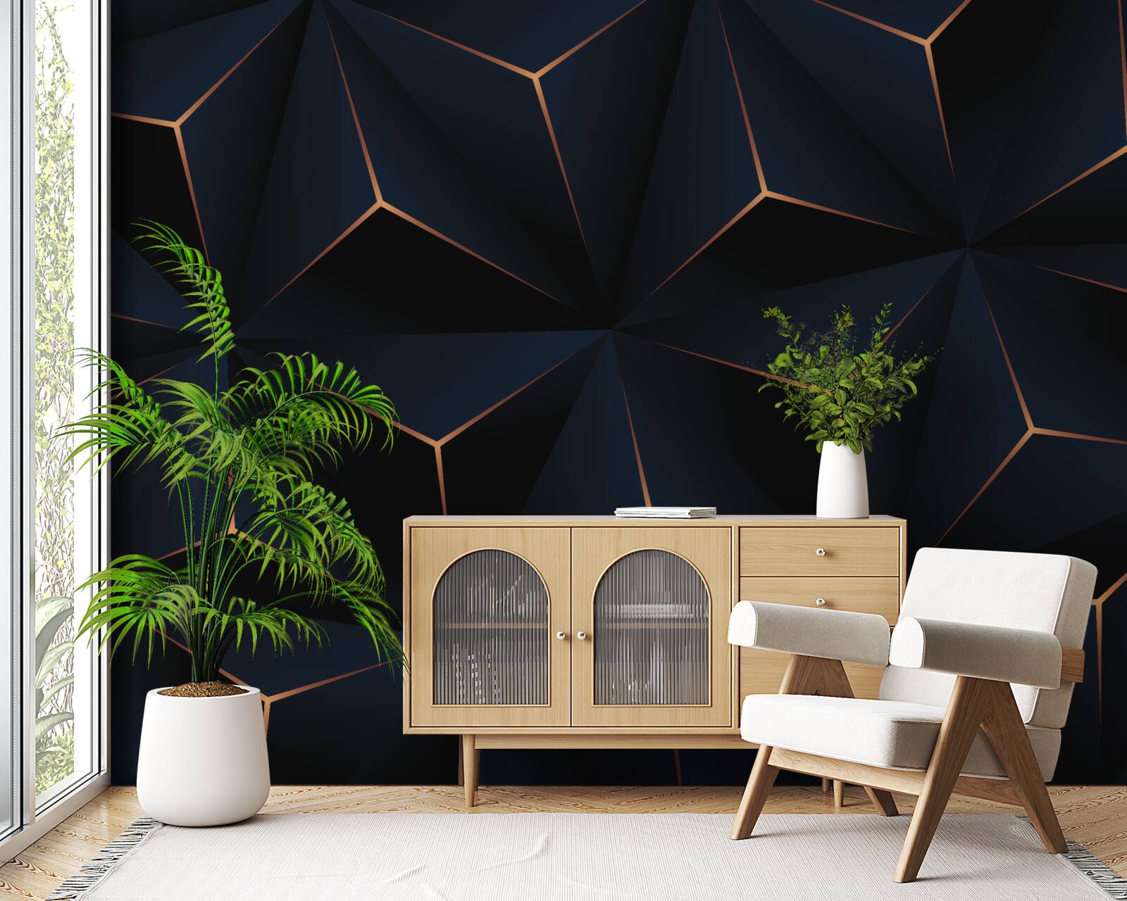 Фотошпалери об'ємні чорні піраміди з золотистими гранями