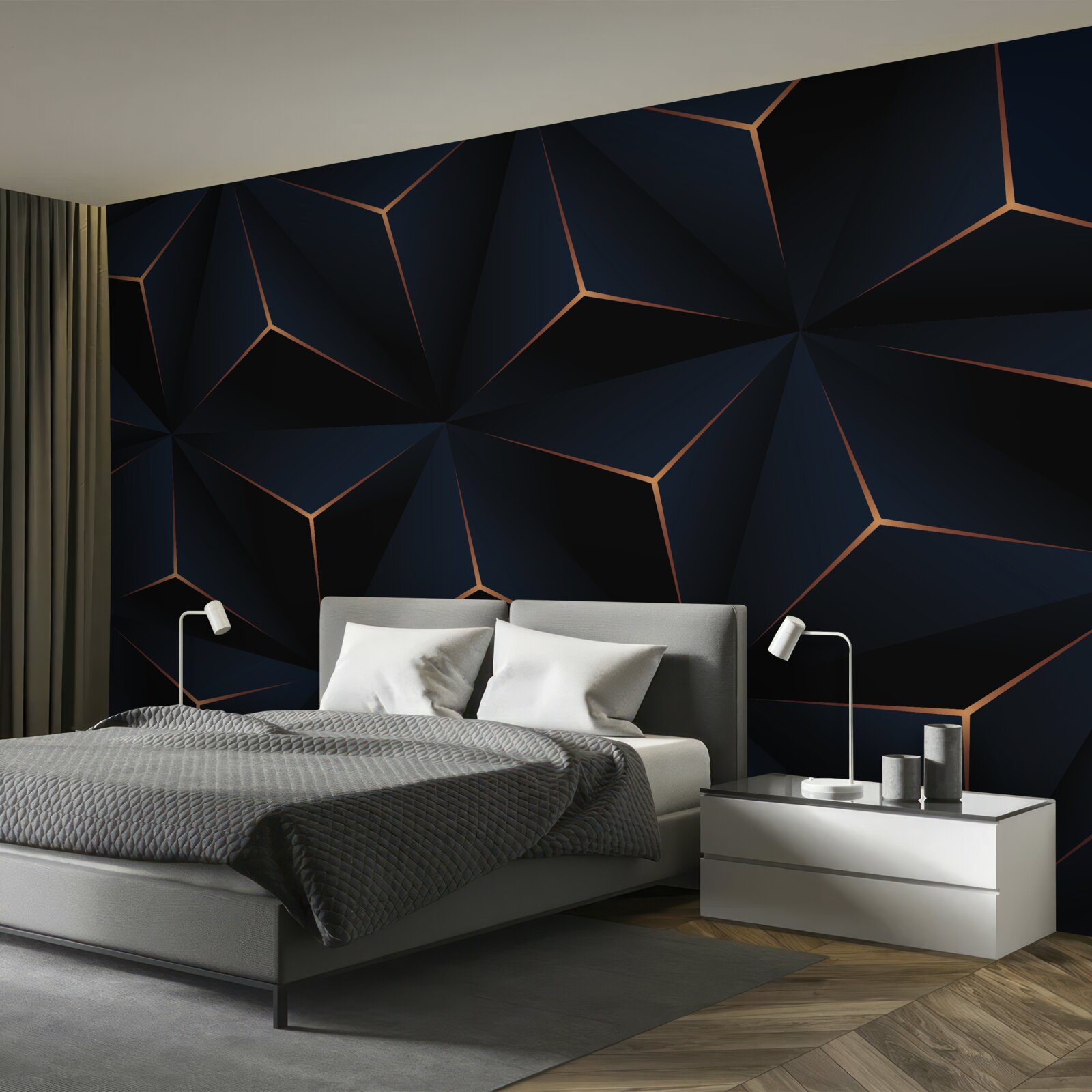 Фотошпалери об'ємні чорні піраміди з золотистими гранями