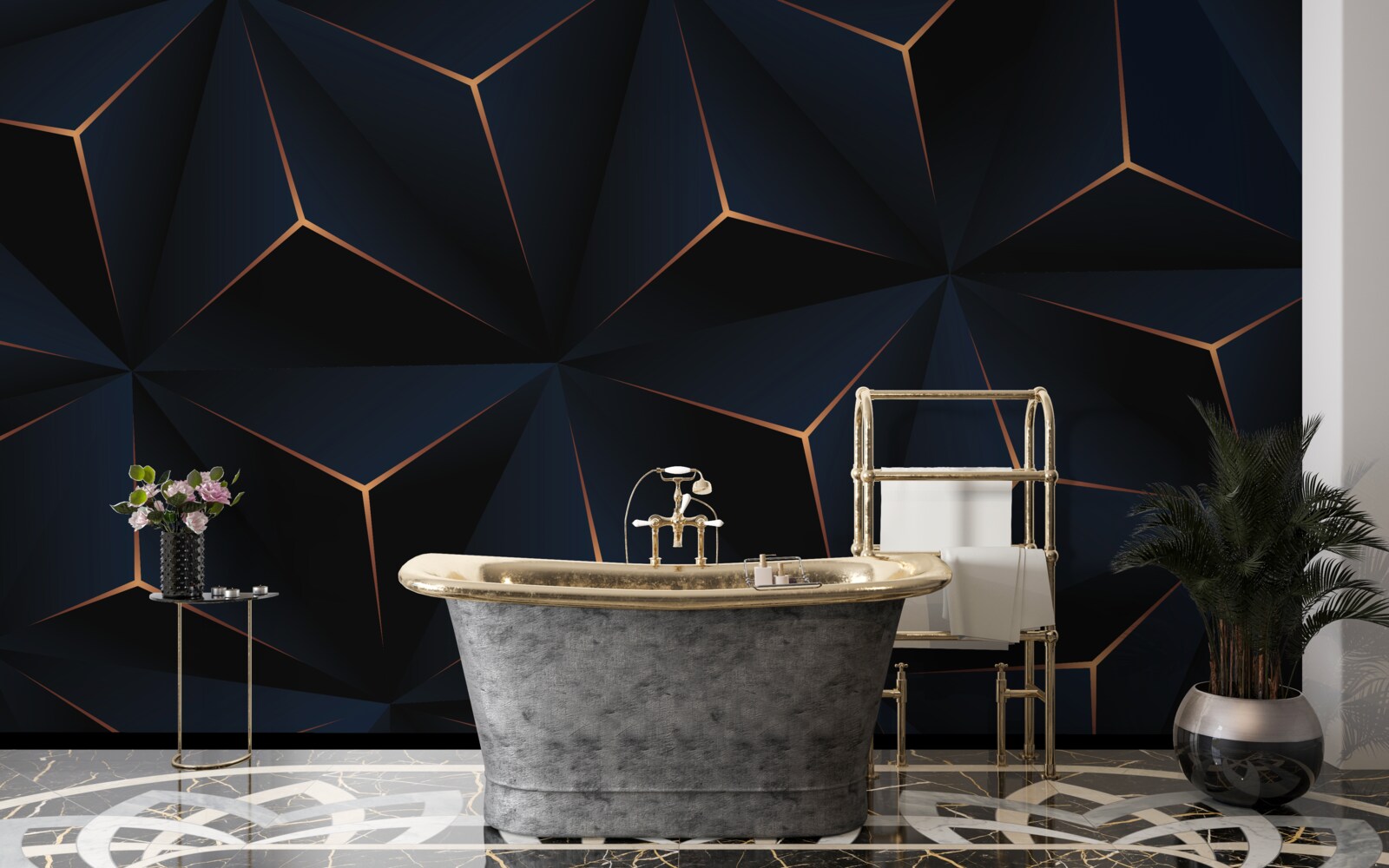 Фотошпалери об'ємні чорні піраміди з золотистими гранями