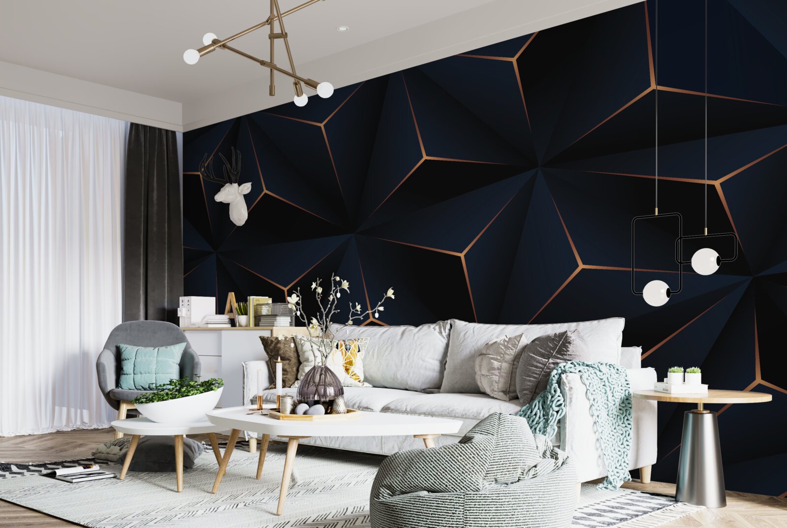 Фотошпалери об'ємні чорні піраміди з золотистими гранями