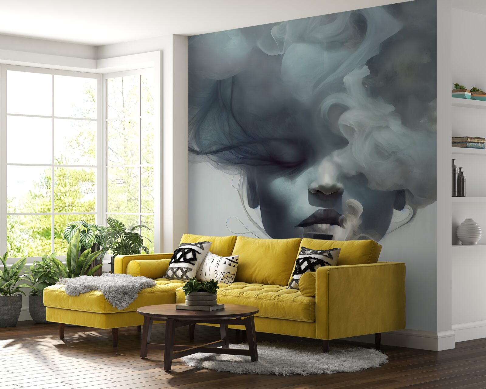 Фотошпалери жінка в сірому тумані