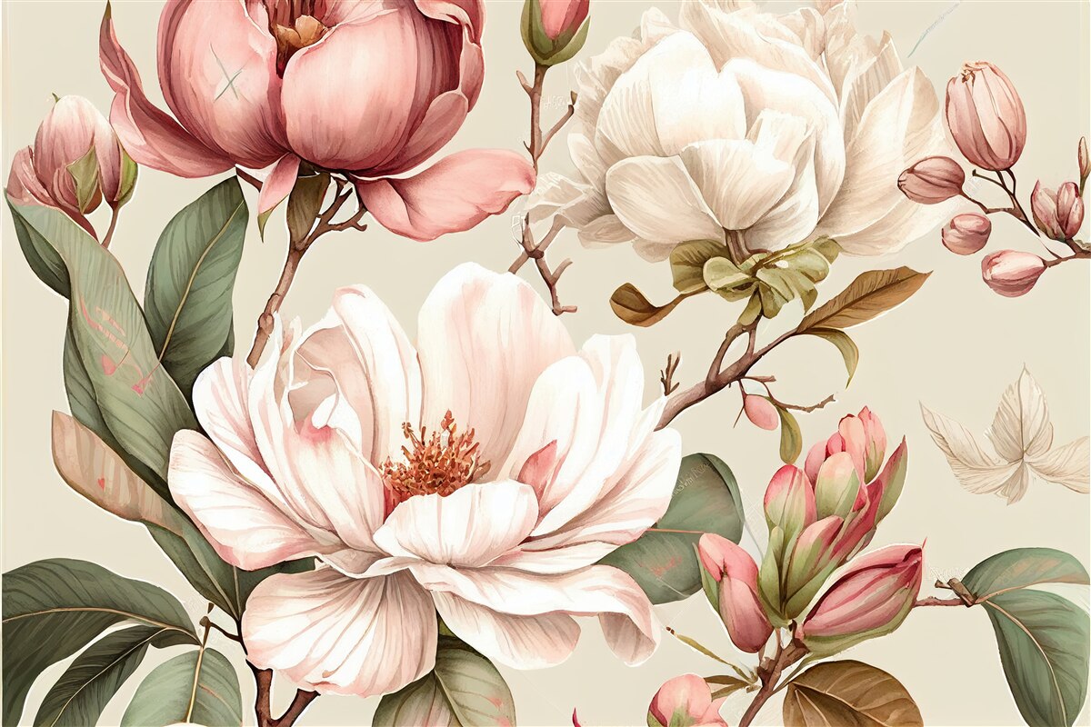 Фотошпалери магнолії у відтінках червоного та білого на гілках
