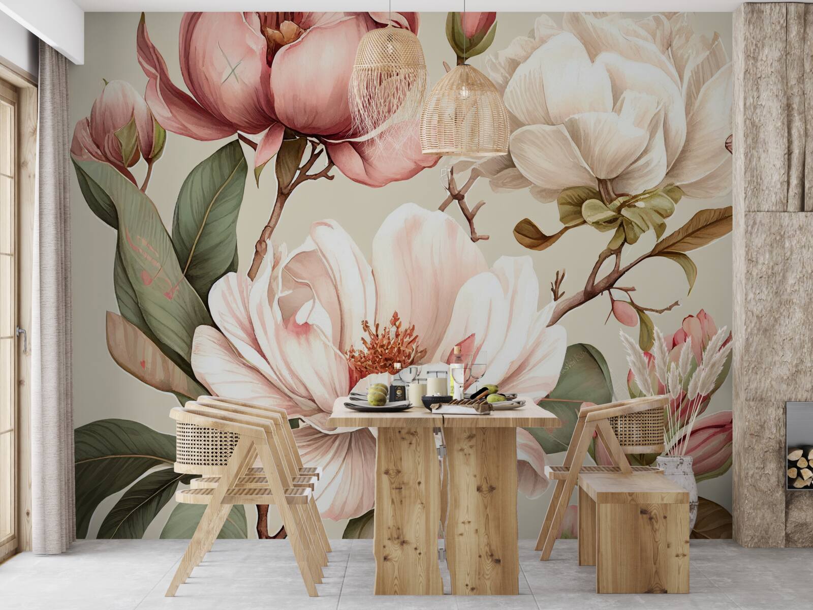 Фотошпалери магнолії у відтінках червоного та білого на гілках