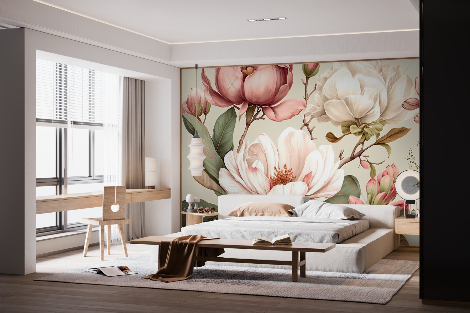 Фотошпалери магнолії у відтінках червоного та білого на гілках