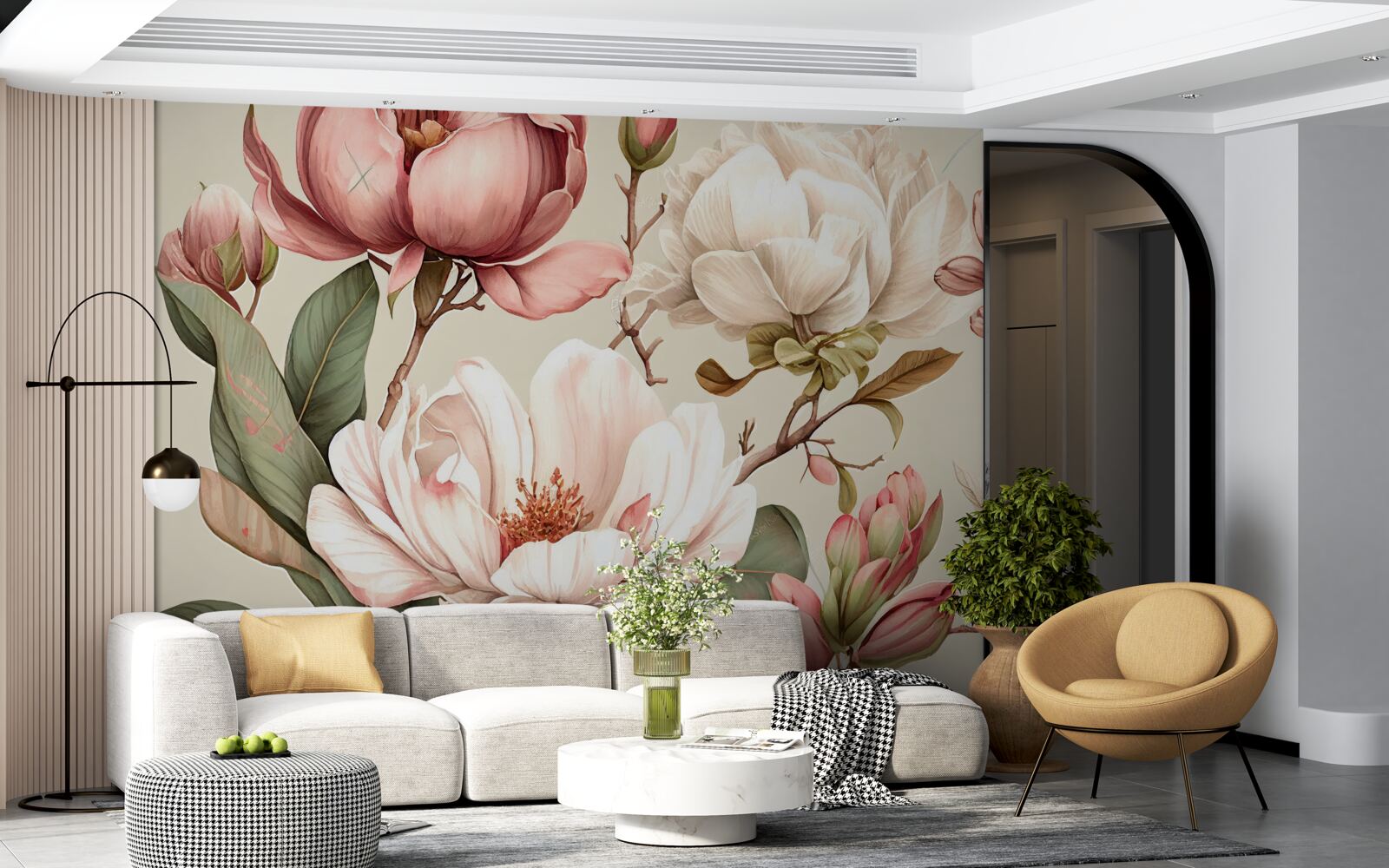 Фотошпалери магнолії у відтінках червоного та білого на гілках