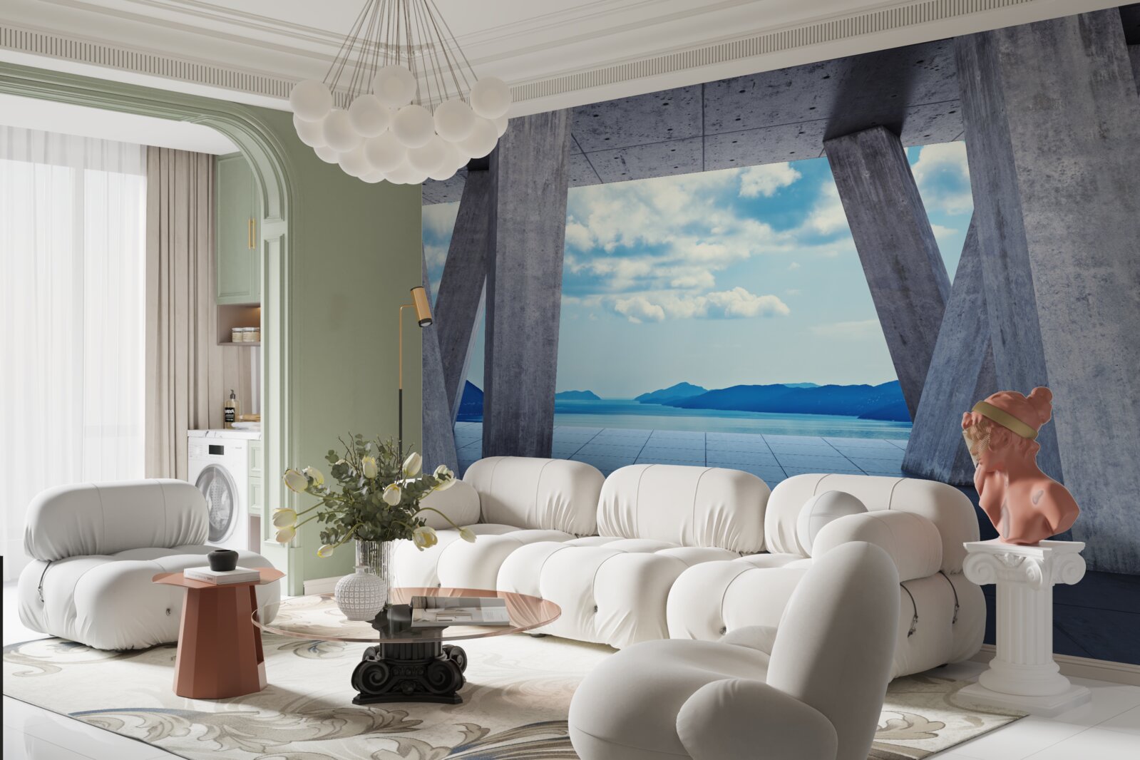 Фотошпалери Арки з бетону, що відкривають панораму гір і неба