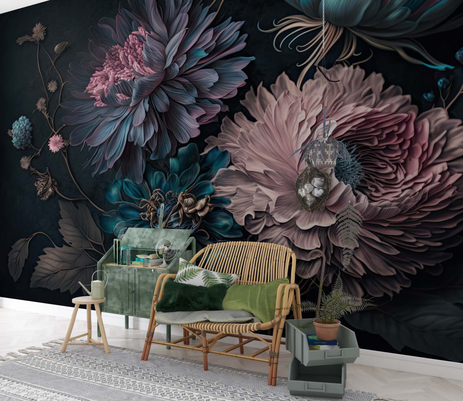 Фотошпалери тропічні квіти, що цвітуть на темному тлі