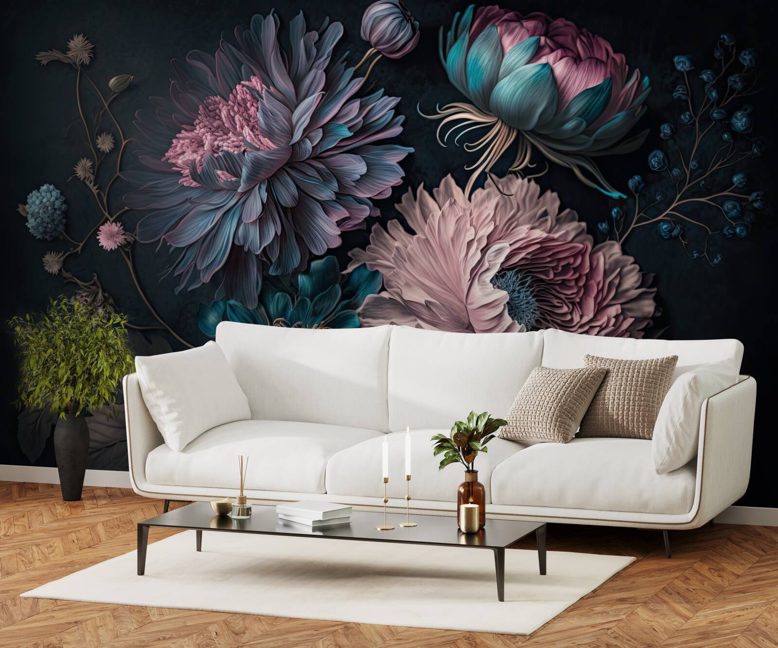 Фотошпалери тропічні квіти, що цвітуть на темному тлі