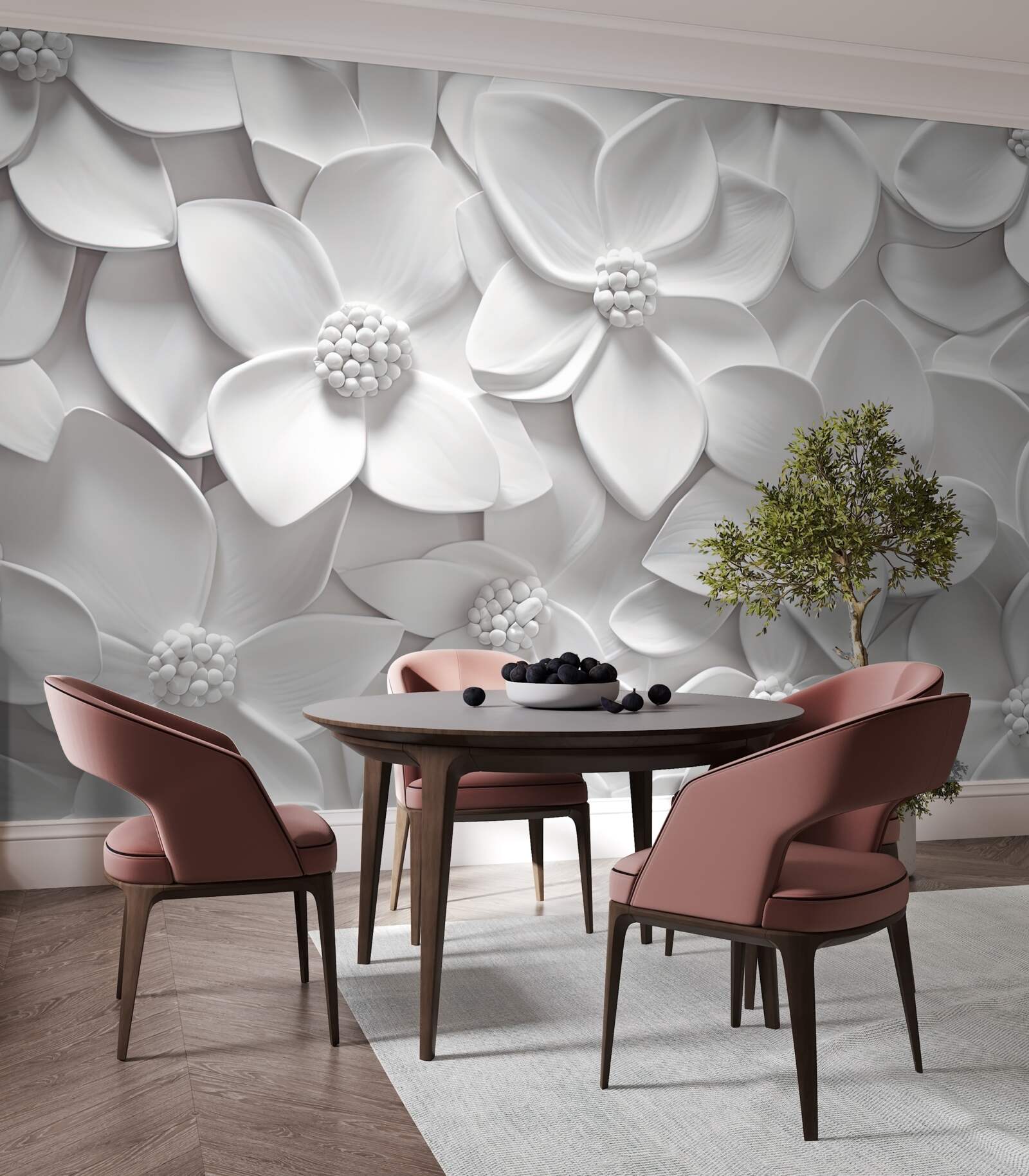 Фотошпалери білі квіти, об'єднані в барельєф