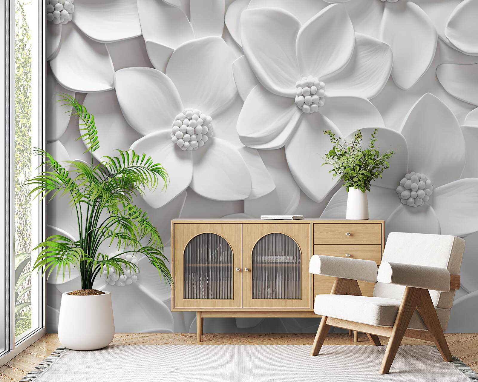 Фотошпалери білі квіти, об'єднані в барельєф